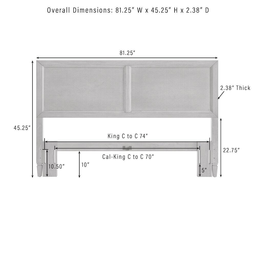Overall Dimensions: 81.25" W X 45.25" H X 2.38" D  
81.25"  
2.38" Thick  
45.25"  
King C to C 74"  
10.50"  
10"  
Cal-King C to C 70"  
5"  
22.75"