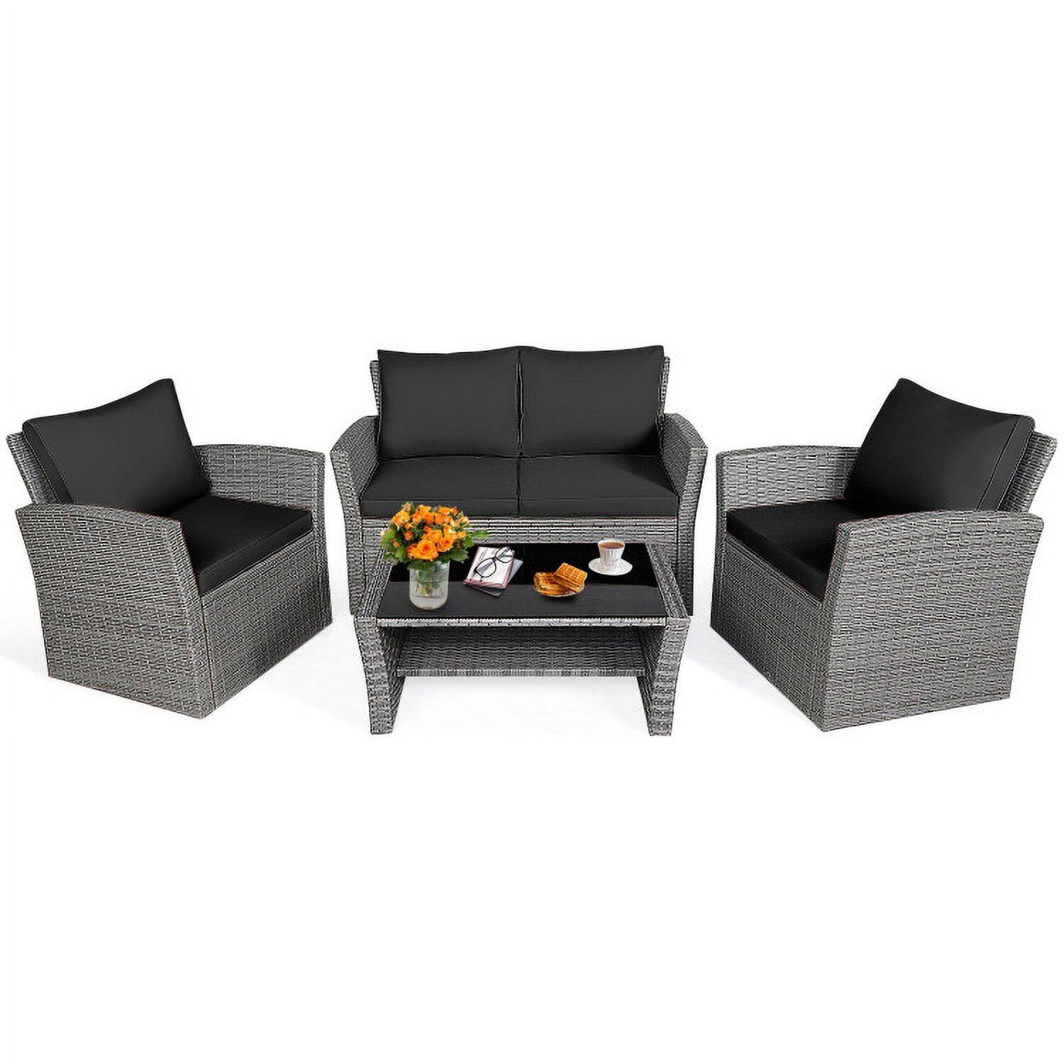 Back. Kadyn - 4 Pieces Patio Rattan Furniture Set, Outdoor Furniture Garden Conversation Sets with Storage Shelf Cushion-Khaki - Black.
