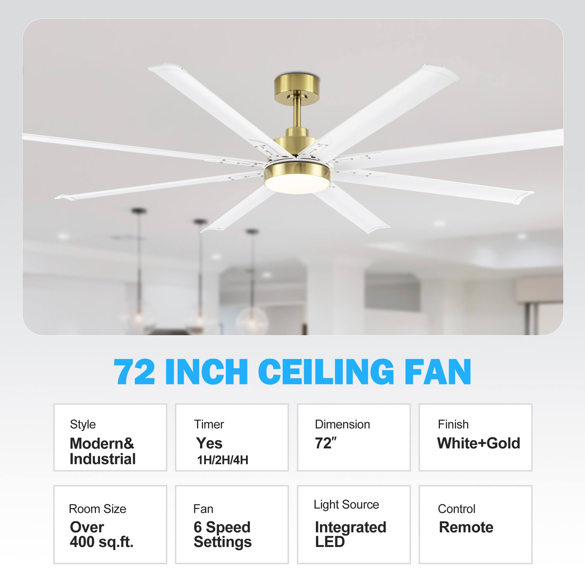72 INCH CEILING FAN
Style: Modern& Industrial
Timer: Yes 1H/2H/4H
Dimension: 72"
Finish: White+Gold
Room Size: Over 400 sq.ft.
Fan: 6 Speed Settings
Light Source: Integrated LED
Control: Remote