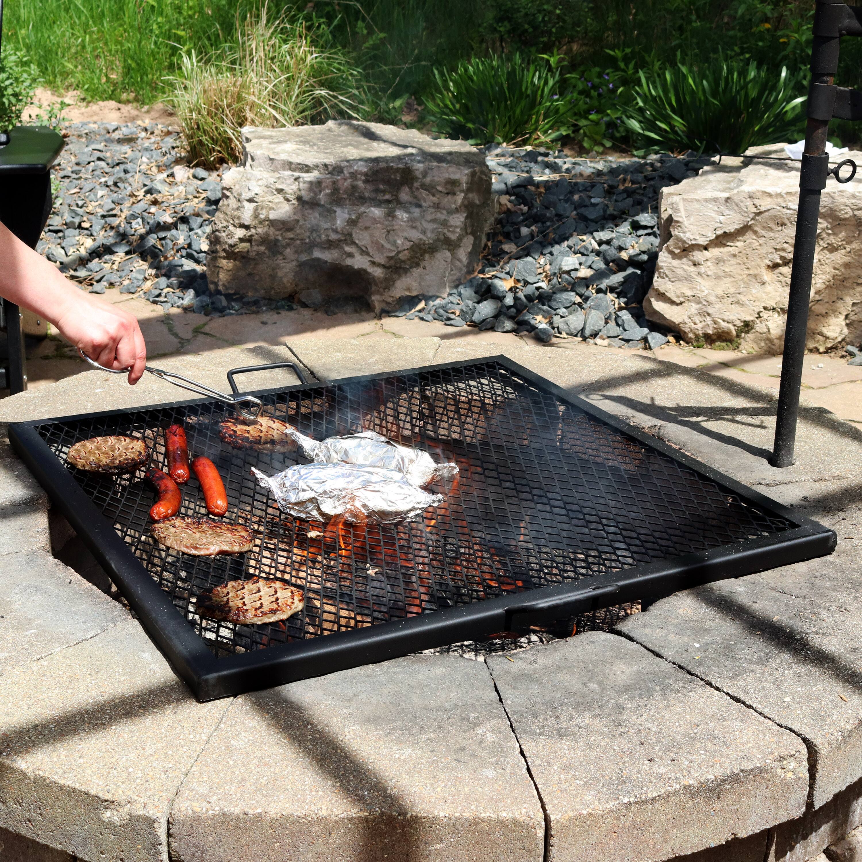 Alt View 8. Sunnydaze - 40 in Square Steel X-Marks Fire Pit Cooking Grill with Handles - Black.