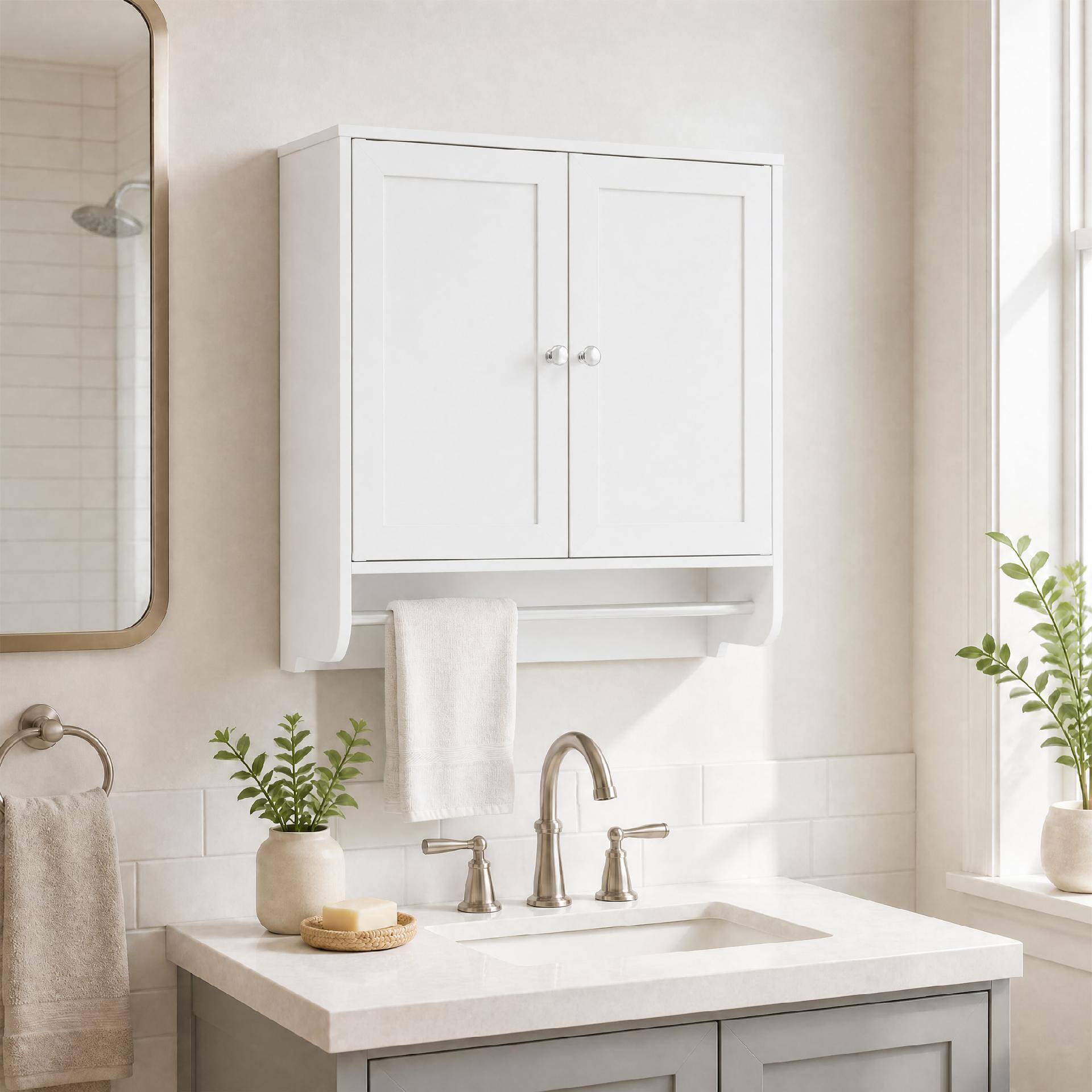 Alt View 1. Costway - Costway Wall Mounted Bathroom Medicine Cabinet Storage Cupboard w/ Towel Bar - White.