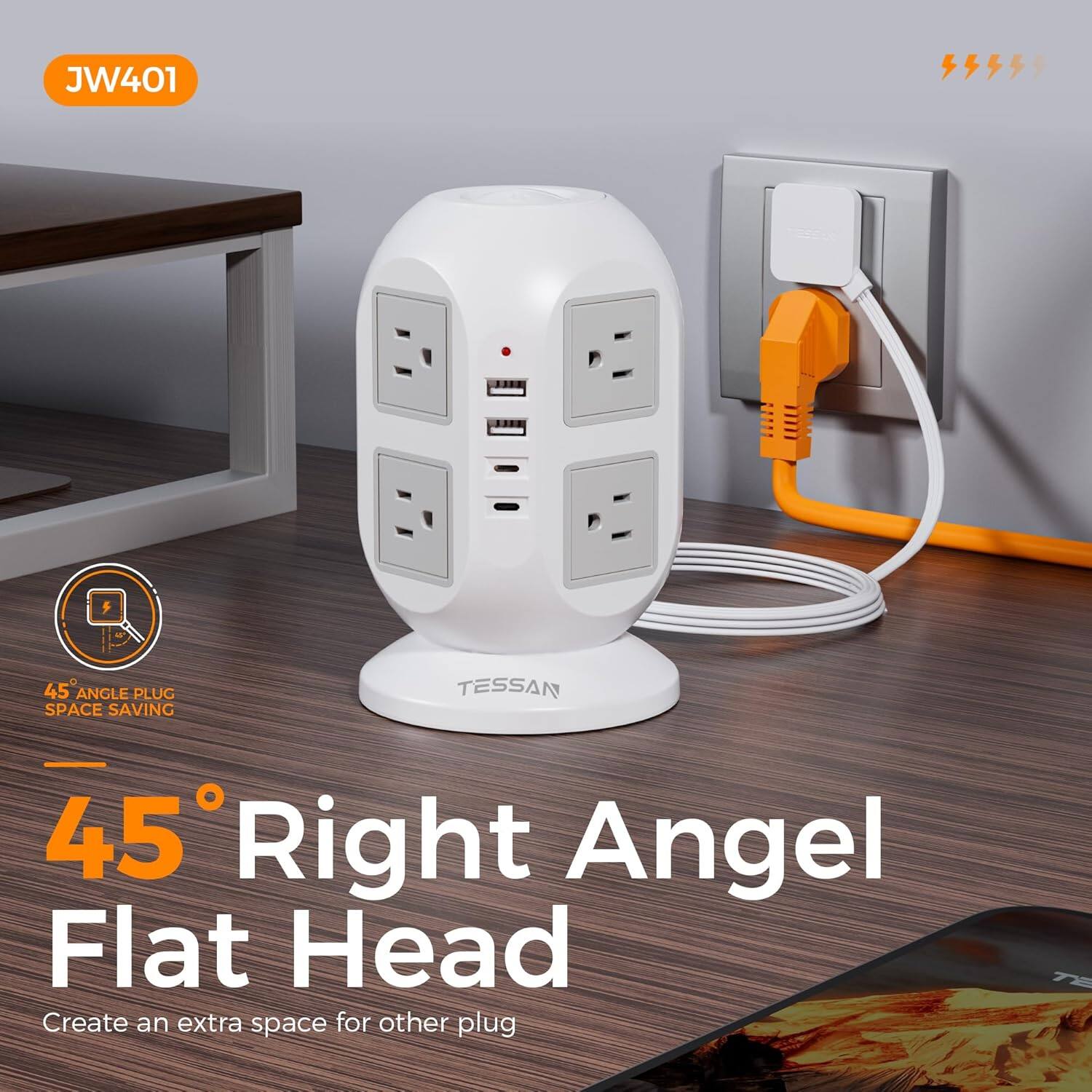 JW401

45° Right Angel Flat Head

Create an extra space for other plug

45° Angle Plug Space Saving