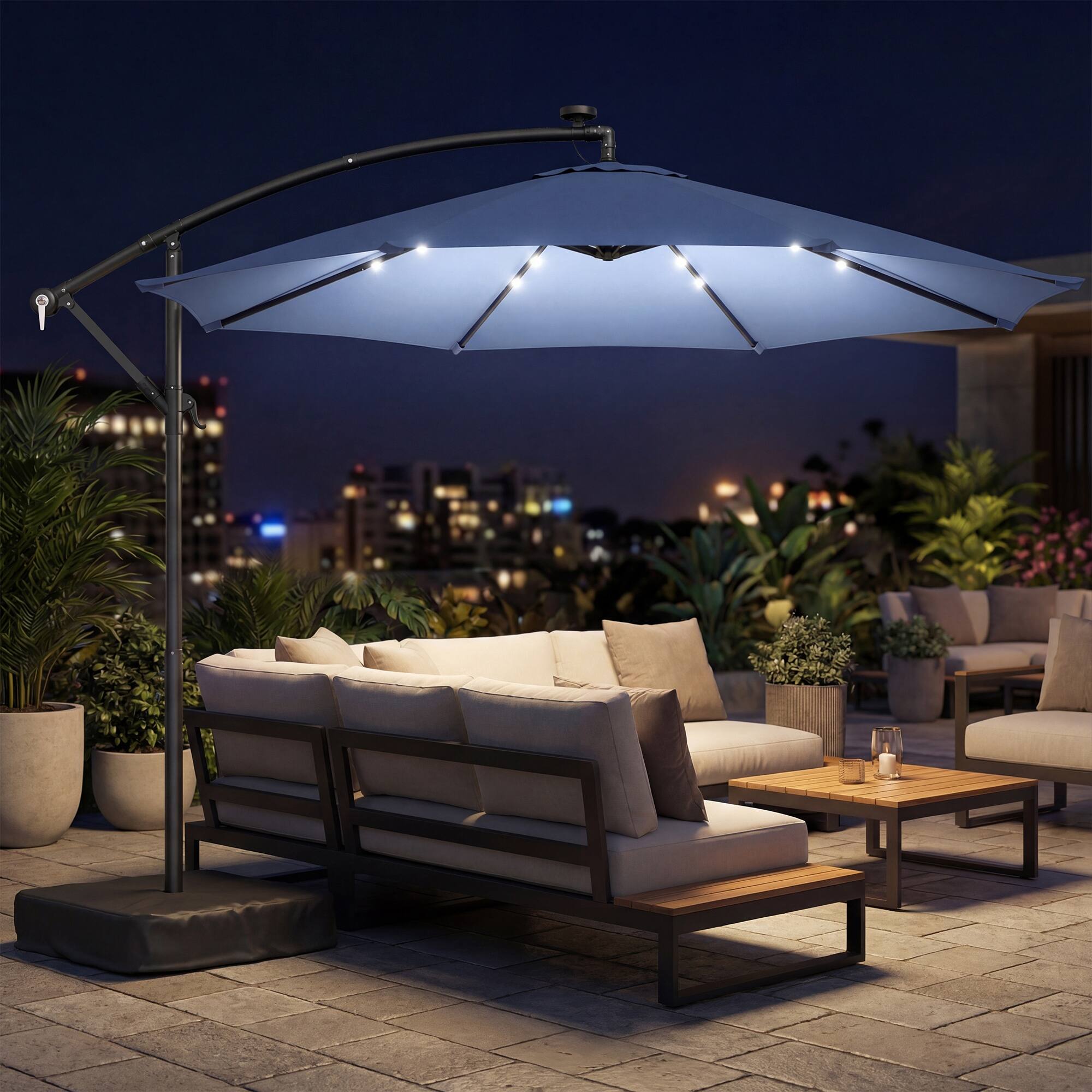 Alt View 1. Outsunny - ft Cantilever Patio Umbrella with Light, Weight, Offset Hanging Outdoor Umbrella with Protective Cover - Dark Blue.