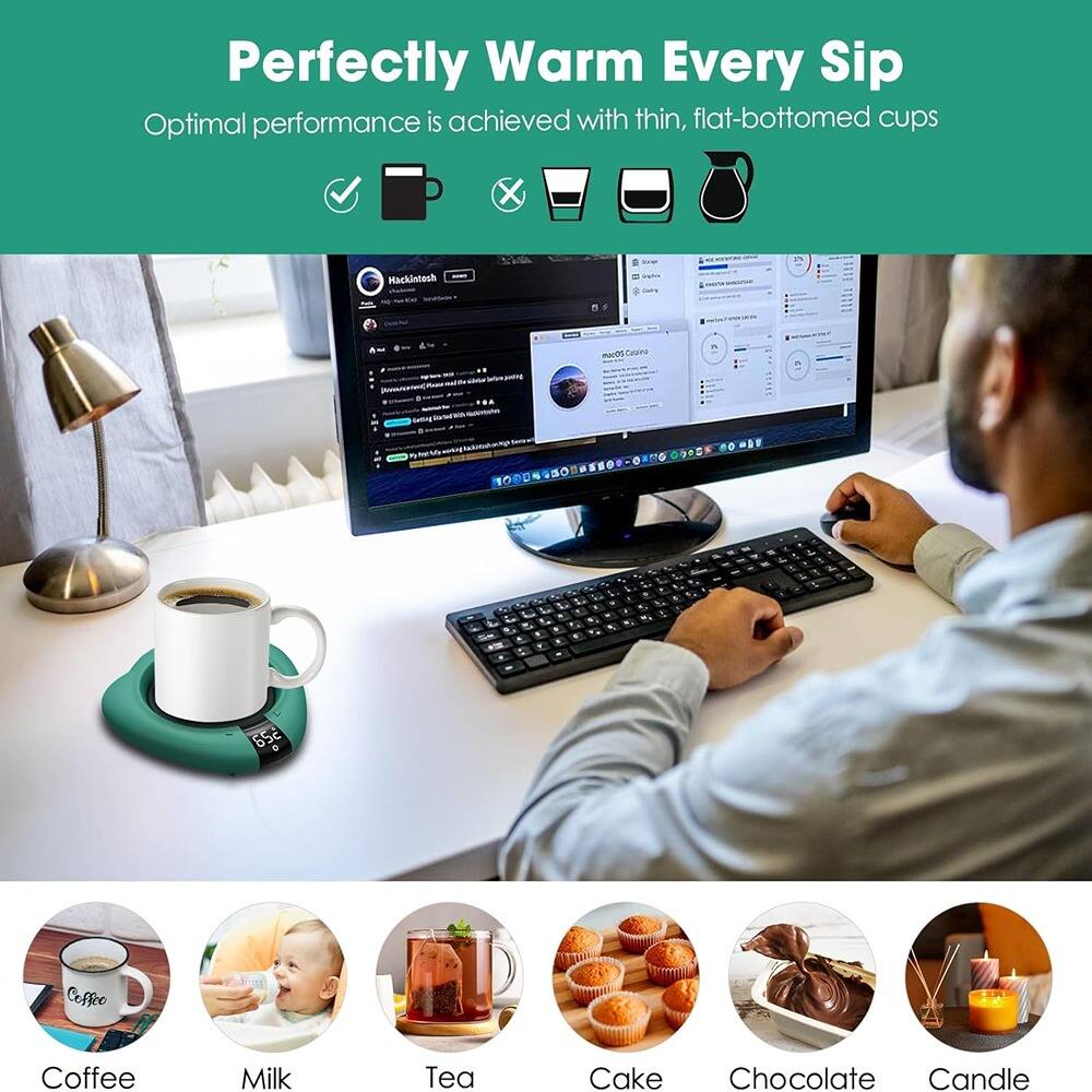 Perfectly Warm Every Sip  
Optimal performance is achieved with thin, flat-bottomed cups  

Coffee  
Milk  
Tea  
Cake  
Chocolate  
Candle