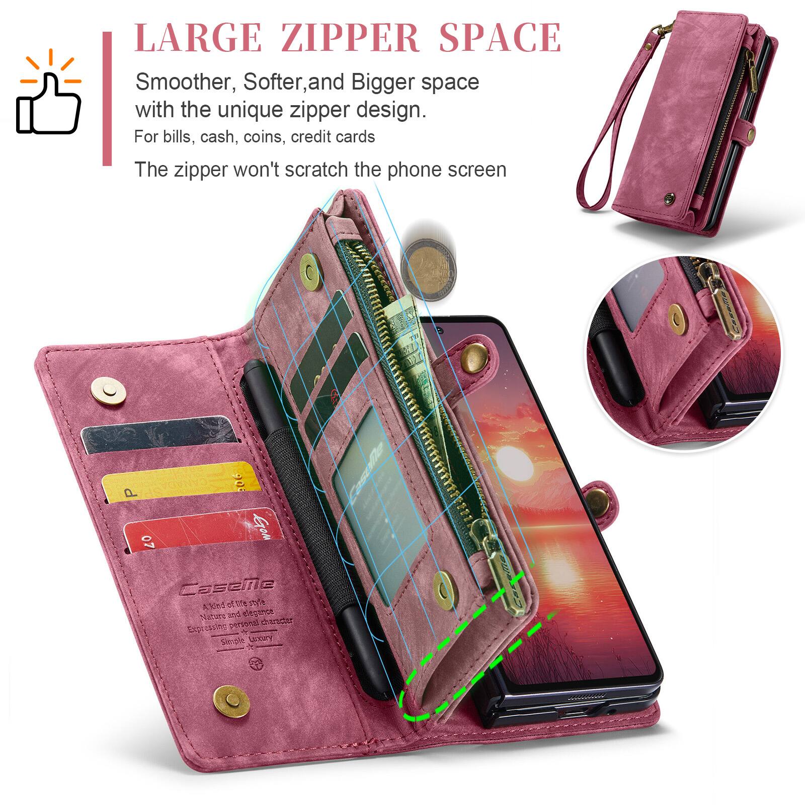 LARGE ZIPPER SPACE  
Smoother, Softer, and Bigger space with the unique zipper design.  
For bills, cash, coins, credit cards  
The zipper won't scratch the phone screen