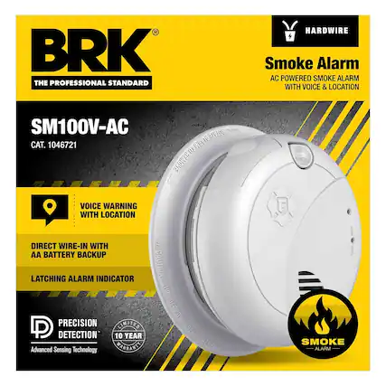 BRK The Professional Standard
SM100V-AC
CAT. 1046721
Smoke Alarm
AC Powered Smoke Alarm with Voice & Location
- Voice Warning with Location
- Direct Wire-in with AA Battery Backup
- Latching Alarm Indicator
- Precision Detection
- 10 Year Warranty
Advanced Sensing Technology
Caution: Turn Off Power Before Removing Alarm