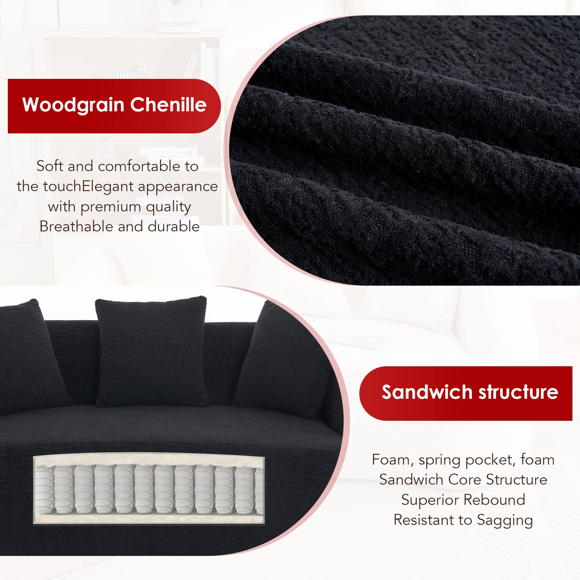Woodgrain Chenille  
Soft and comfortable to the touch  
Elegant appearance with premium quality  
Breathable and durable  

Sandwich structure  
Foam, spring pocket, foam  
Sandwich Core Structure  
Superior Rebound  
Resistant to Sagging