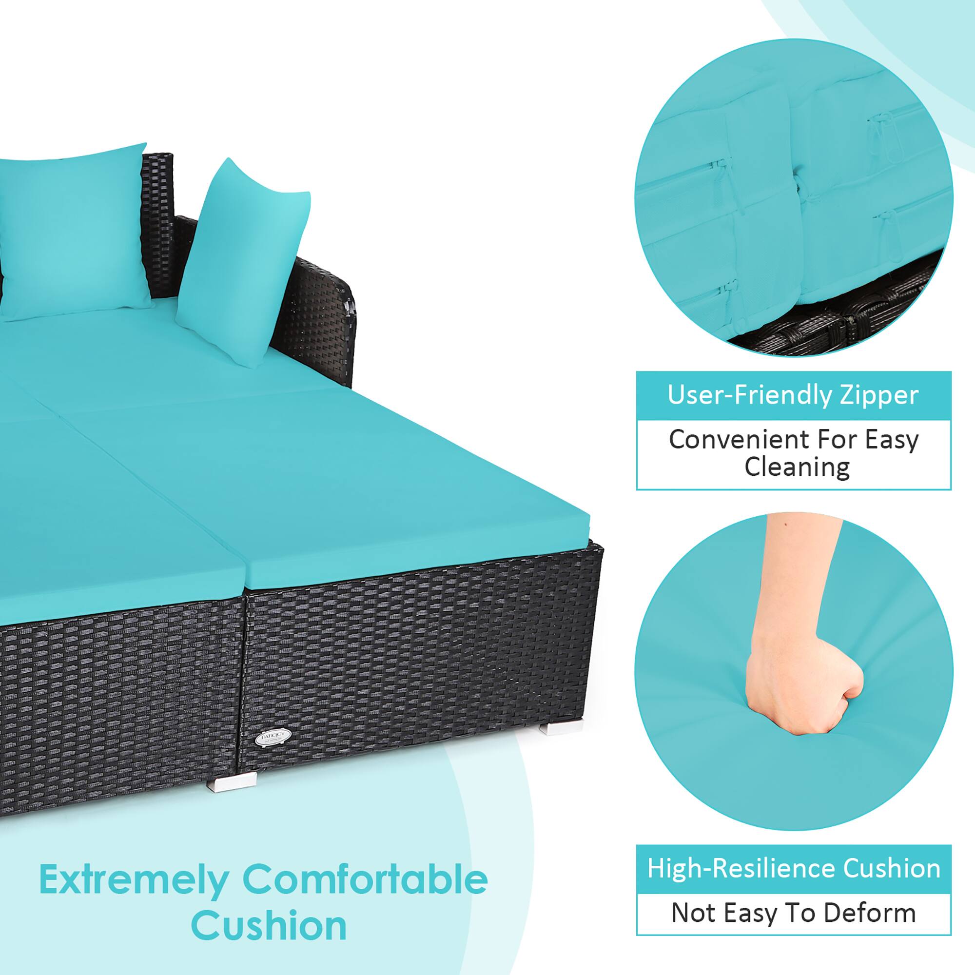 The text on the image reads: "User-Friendly Zipper Convenient For Easy Cleaning To Extremely Comfortable Cushion High-Resilience Cushion Not Easy To Deform."