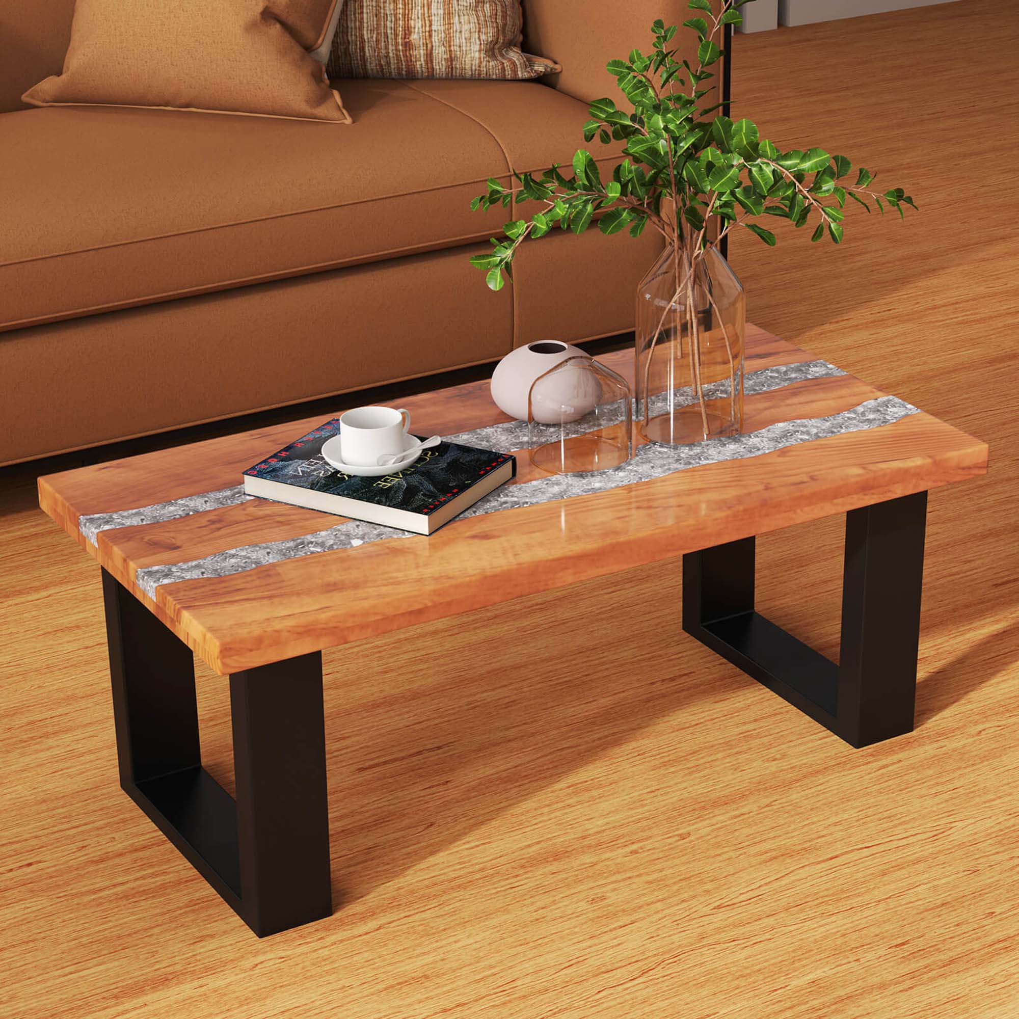 Angle. Costway - Teak Wood Patio Table with  River Feel Epoxy Tabletop Indoor Outdoor Side Table - Natural.