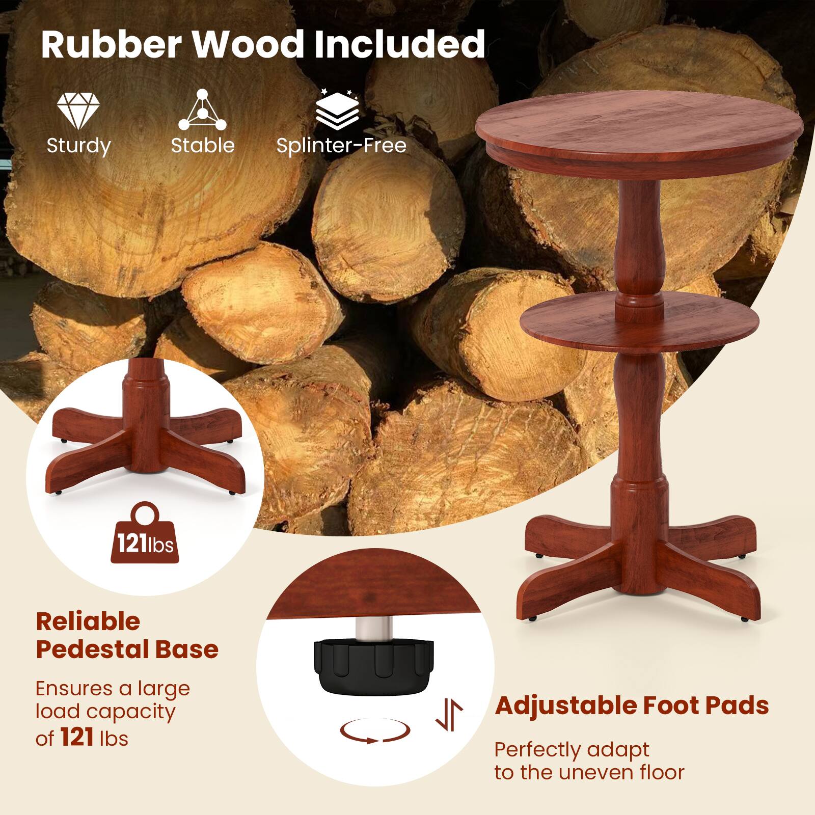 Rubber Wood Included, Sturdy, Stable, Splinter-Free, 121lbs, Reliable Pedestal Base, Ensures a large load capacity of 121 lbs, Adjustable Foot Pads, Perfectly adapt to the uneven floor