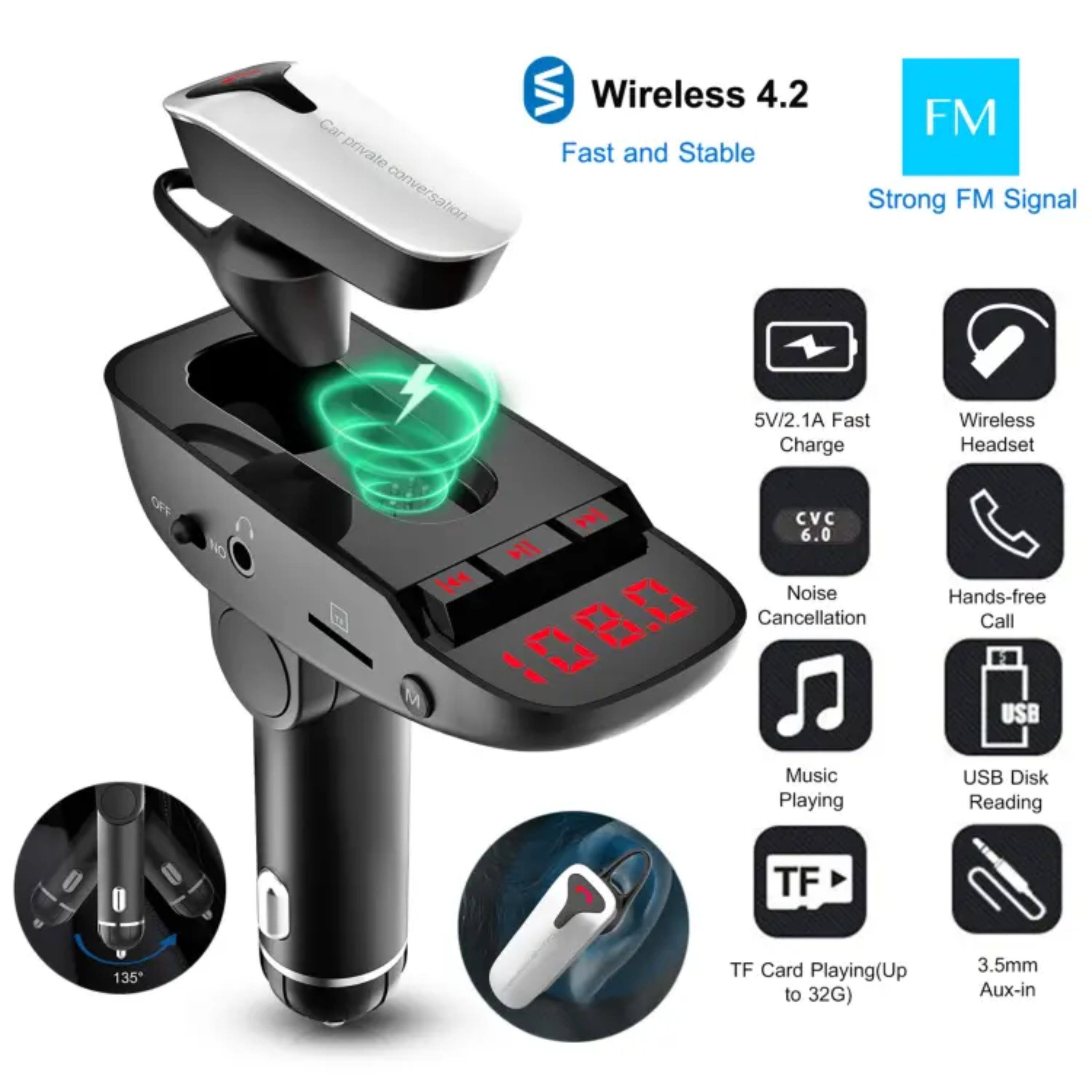 Car private conversation VA Wireless 4.2  
Fast and Stable FM  
Strong FM Signal  
5V/2.1A Fast Charge  
Wireless Headset  
OFF NO CVC 6.0 Noise Cancellation  
Hands-free Call  
USB Music Playing  
USB Disk Reading  
TF Card Playing (Up to 32G)  
3.5mm Aux-in