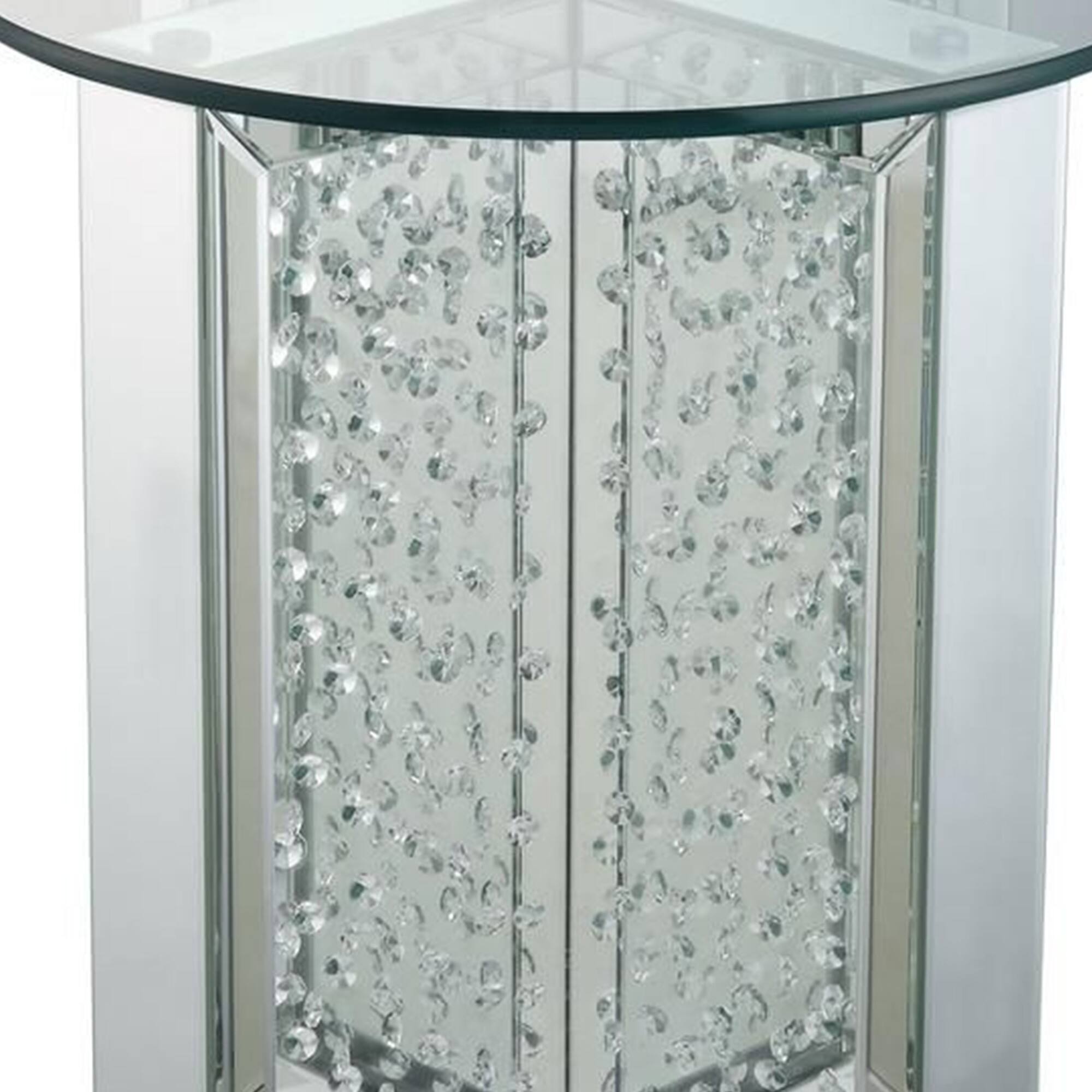 Alt View 3. Manhattan Lane - Round Mirrored Metal End Table with Glass Top and Crystal Accent Base - Silver.