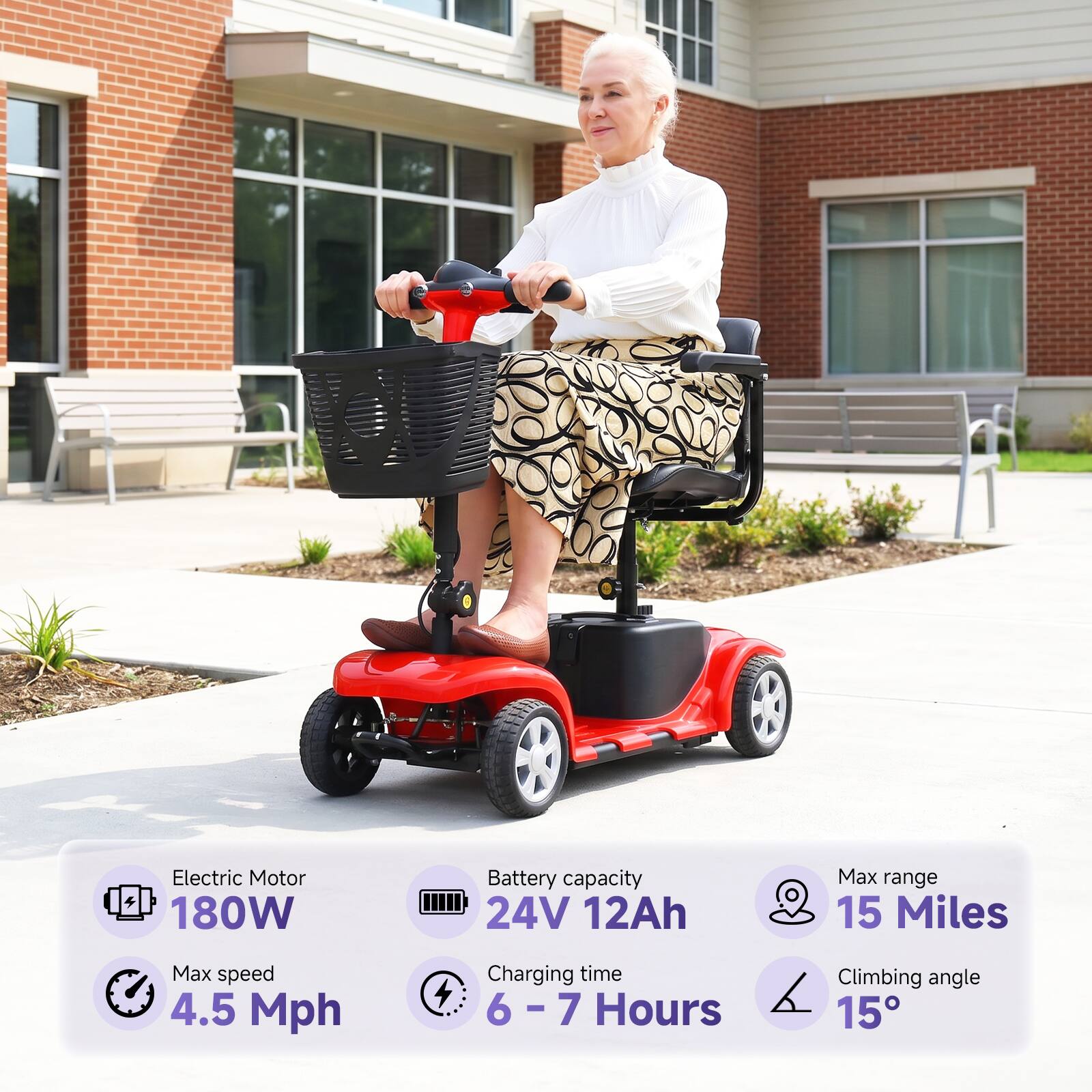 Electric Motor: 180W  
Battery capacity: 24V 12Ah  
Max range: 15 Miles  
Max speed: 4.5 Mph  
Charging time: 6 - 7 Hours  
Climbing angle: 15°