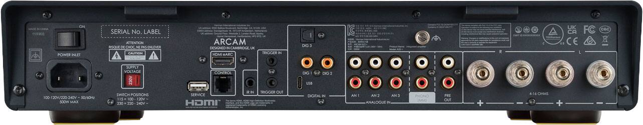 Sure, here is the corrected and grouped text from the image:

---

**Top Left:**
- MADE IN CHINA
- SERIAL No. LABEL
- ATTENTION RISQUE DE CHOC NE PAS ENLEVER
- CAUTION

**Top Center:**
- ARCAM
- DESIGNED IN CAMBRIDGE, UK

**Top Right:**
- HDMI ARC
- CONTROL
- IR IN
- TRIGGER IN
- TRIGGER OUT
- DIG 3
- DIG 1
- DIG 2
- USB
- DIGITAL IN
- AN 1
- AN 2
- AN 3
- PHONO IN
- PRE OUT
- 4-16 OHMS

**Left Side:**
- POWER INLET
- SUPPLY VOLTAGE
- 230V
- SWITCH POSITIONS
- 115 = 100-120V
- 230 = 220-240V
- 100-120V/220-240V 50/60Hz
- 500W MAX

**Bottom Left:**
- 10