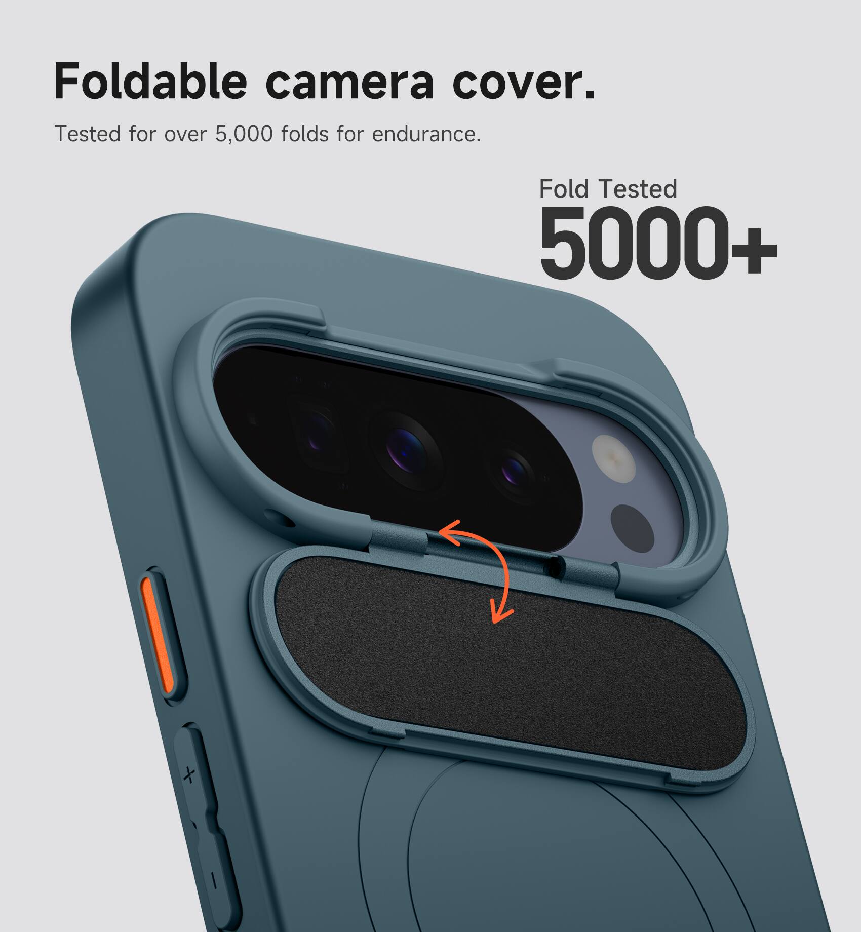 Foldable camera cover.  
Tested for over 5,000 folds for endurance.  
Fold Tested 5000+