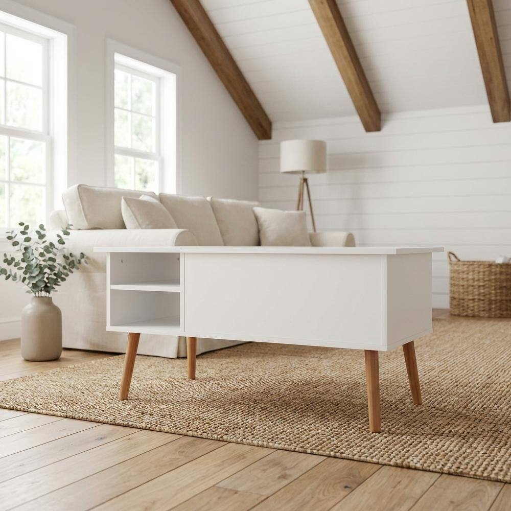 Angle. FurniFact - Lift Top Coffee Table Solid White with Wooden Legs and Storage Space - Solid White.