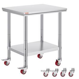 VEVOR - Stainless Steel Work Table 30 x 24 x 33 Inch, 700 LBS Load Capacity with 4 Wheels, 3 Adjustable Height Levels - Silver