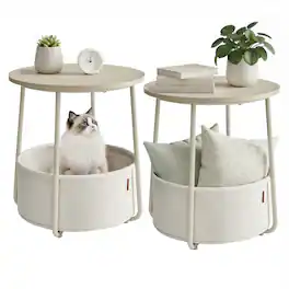 Songmics Home - LILEA Collection - Small Round Side End Table, Modern Nightstand with Fabric Basket, for Living Room, Bedroom, Set of 2 - Cream White