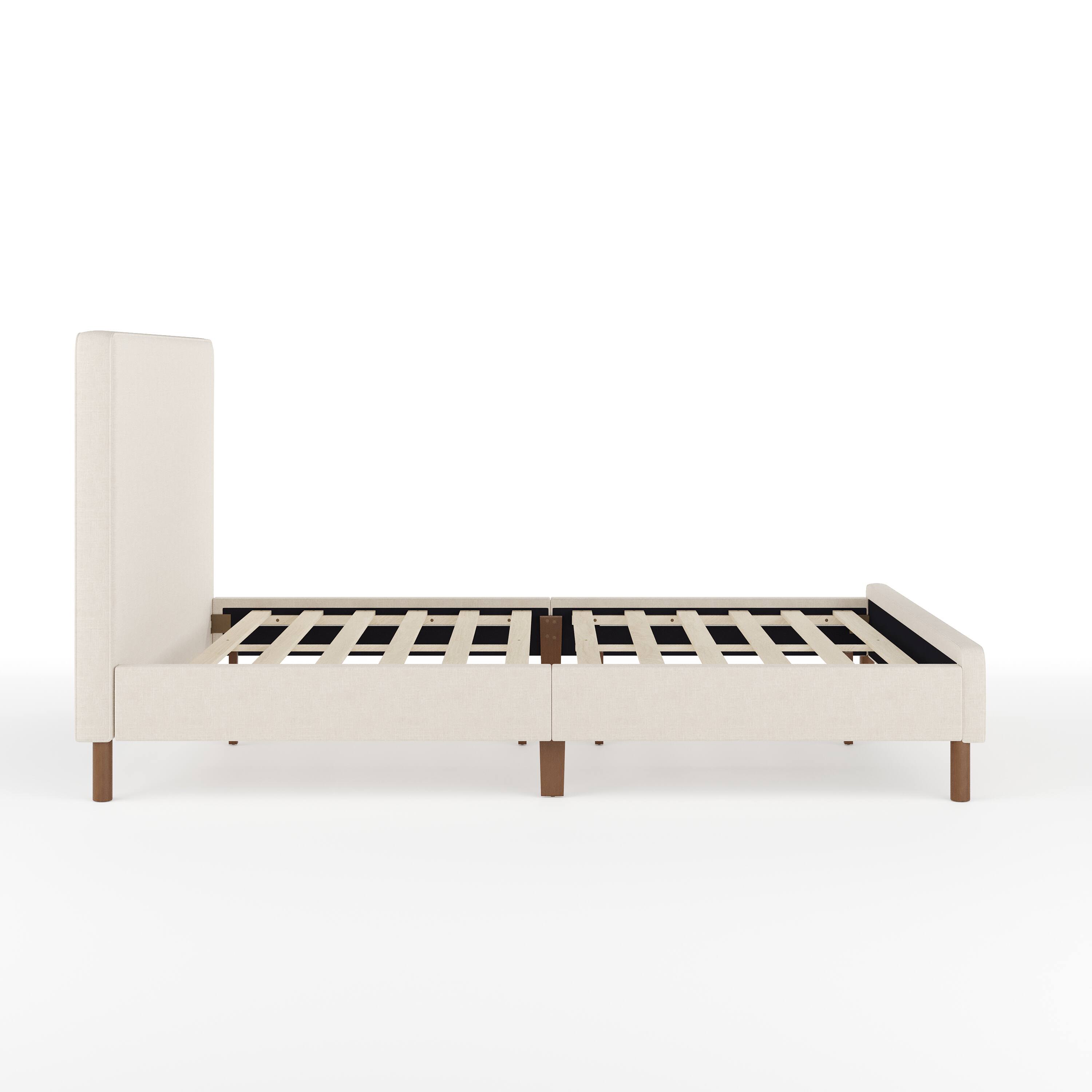 Alt View 17. Martha Stewart - Britta Faux Linen Upholstered Full Size Platform Bed with Piped Headboard - Beige Fabric/Walnut Legs.