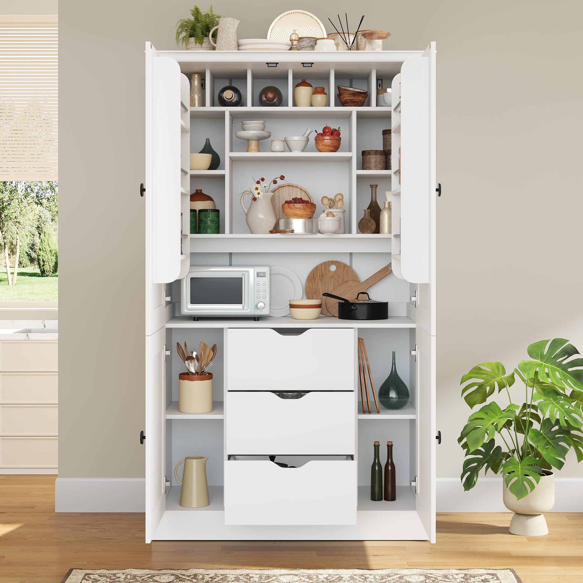 Angle. Whisen - 42" W Kitchen Pantry Cabinet, Large Freestanding Storage Hutch with Workstation, Drawers & Wine Racks - White.