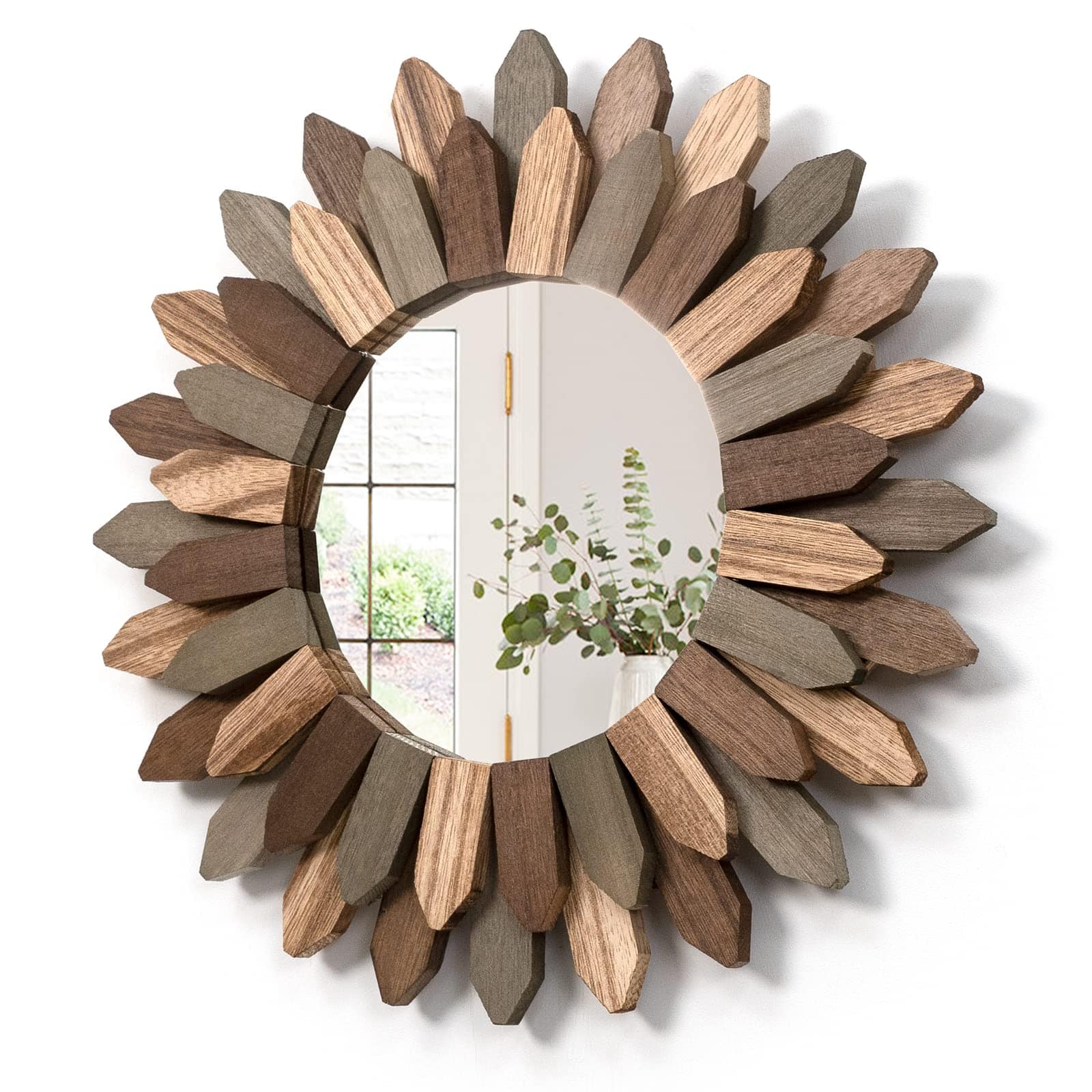 Dapper Styles - Wall Mirror Decorative Wood Sunburst For Entryway Bedroom Living Room Bathroom House Warming Gifts Home - Tril Color-12"L x 12"W
