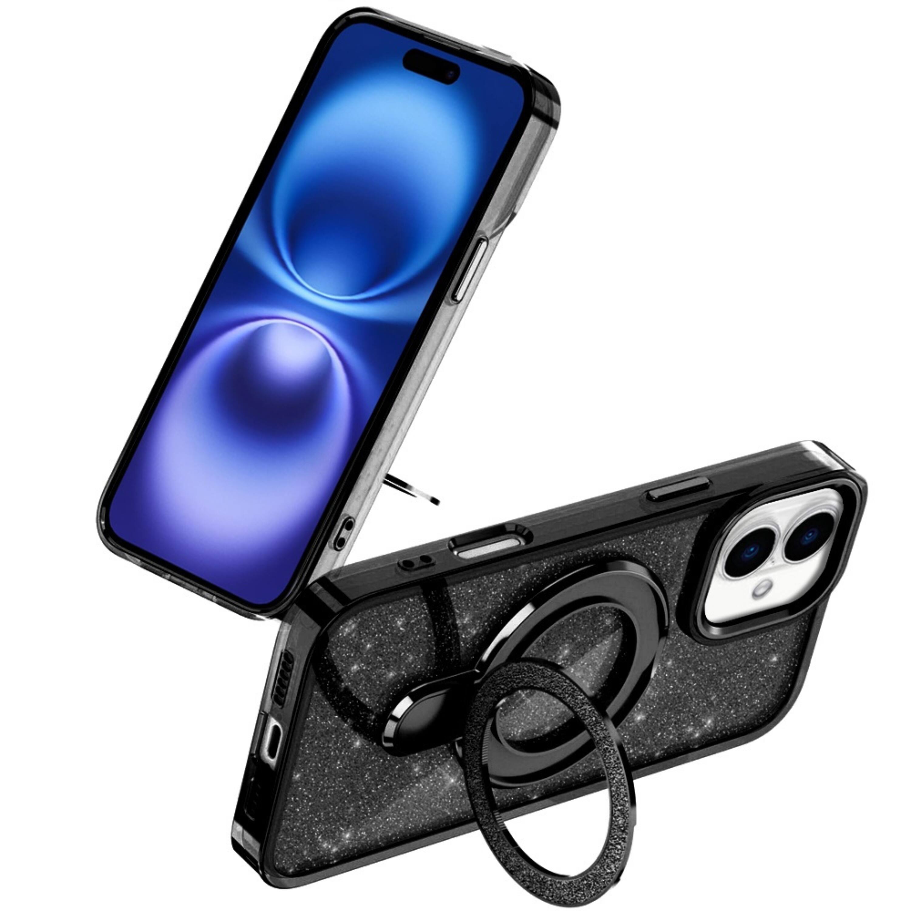 Angle. Kitcheniva - Iphone 17 Translucent Glitter Case With Magnetic Circle Stand And Protective Cover Black - Black.