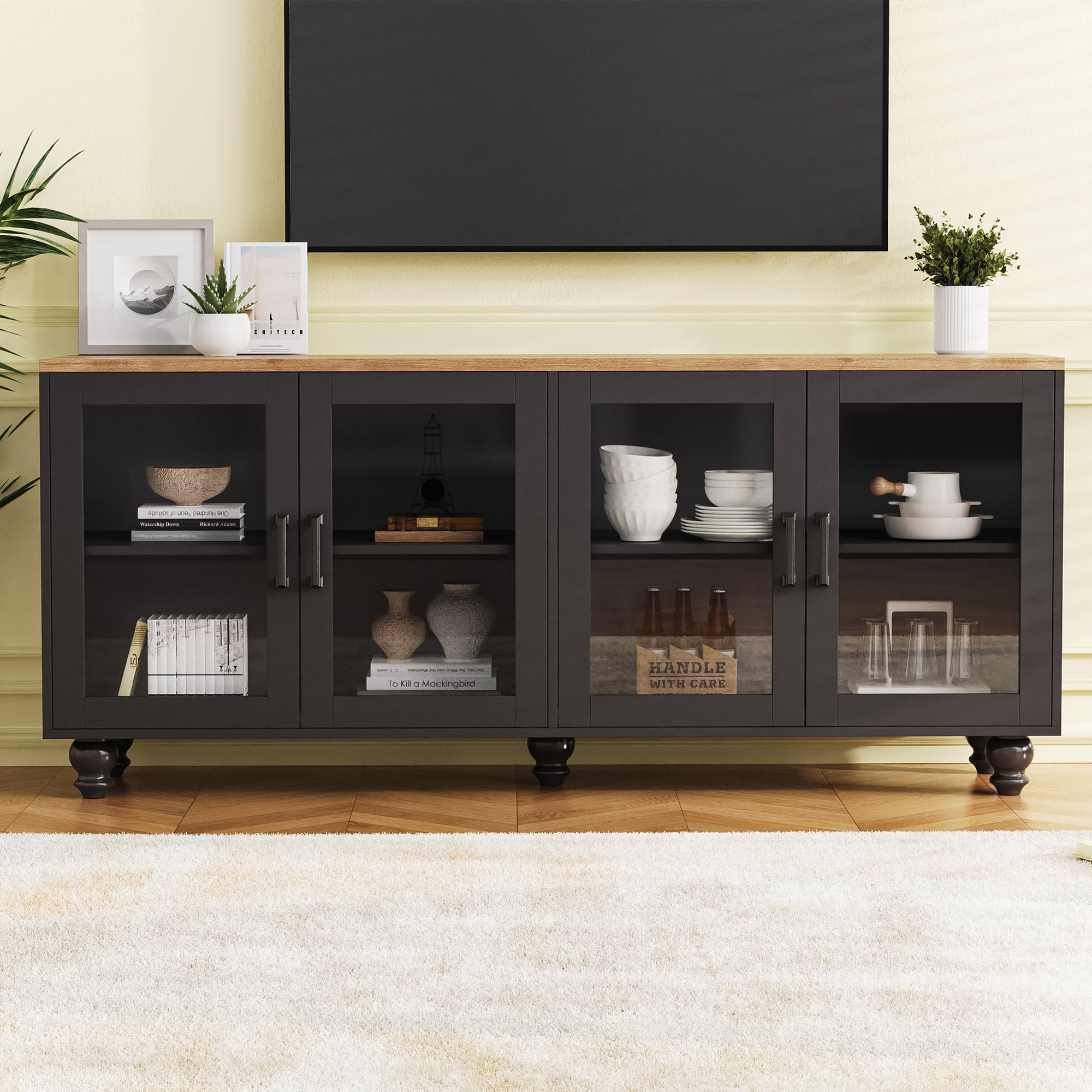 CheryLife - 62.9 in. Farmhouse TV Stand with Tempered Glass Doors for TVs Up to 70" - Black