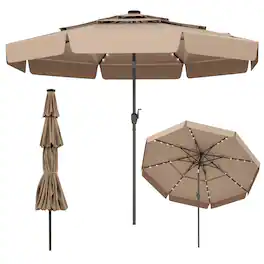 Gymax - 10 FT Solar Patio Umbrella w/ 32 LED Lights 3-Tier Vented Top & Tilt Adjustment - Taupe