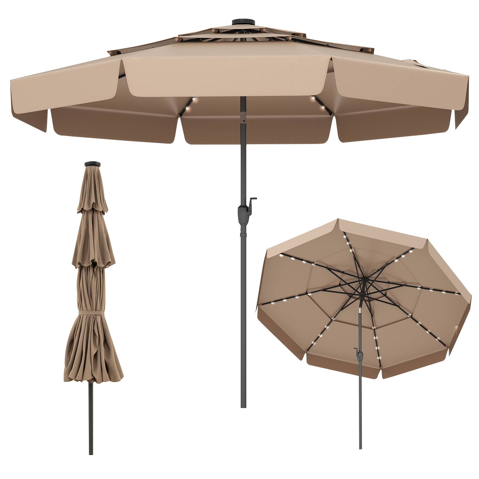 Front. Gymax - Gymax 10 FT Solar Patio Umbrella w/ 32 LED Lights 3-Tier Vented Top & Tilt Adjustment Taupe - Taupe.