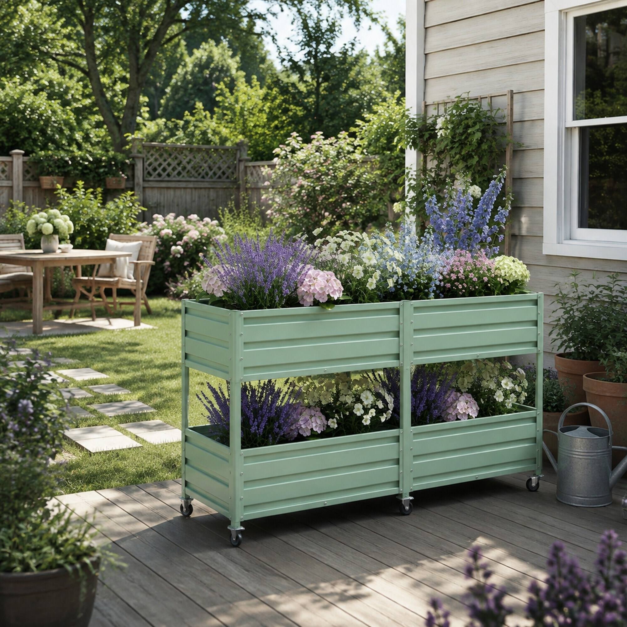 Alt View 2. RYHNUYNE - Elevated Metal Raised Garden Bed with Lockable Wheels, Green Two-Tier Self-Watering Planter Box for Vegetables - Green.