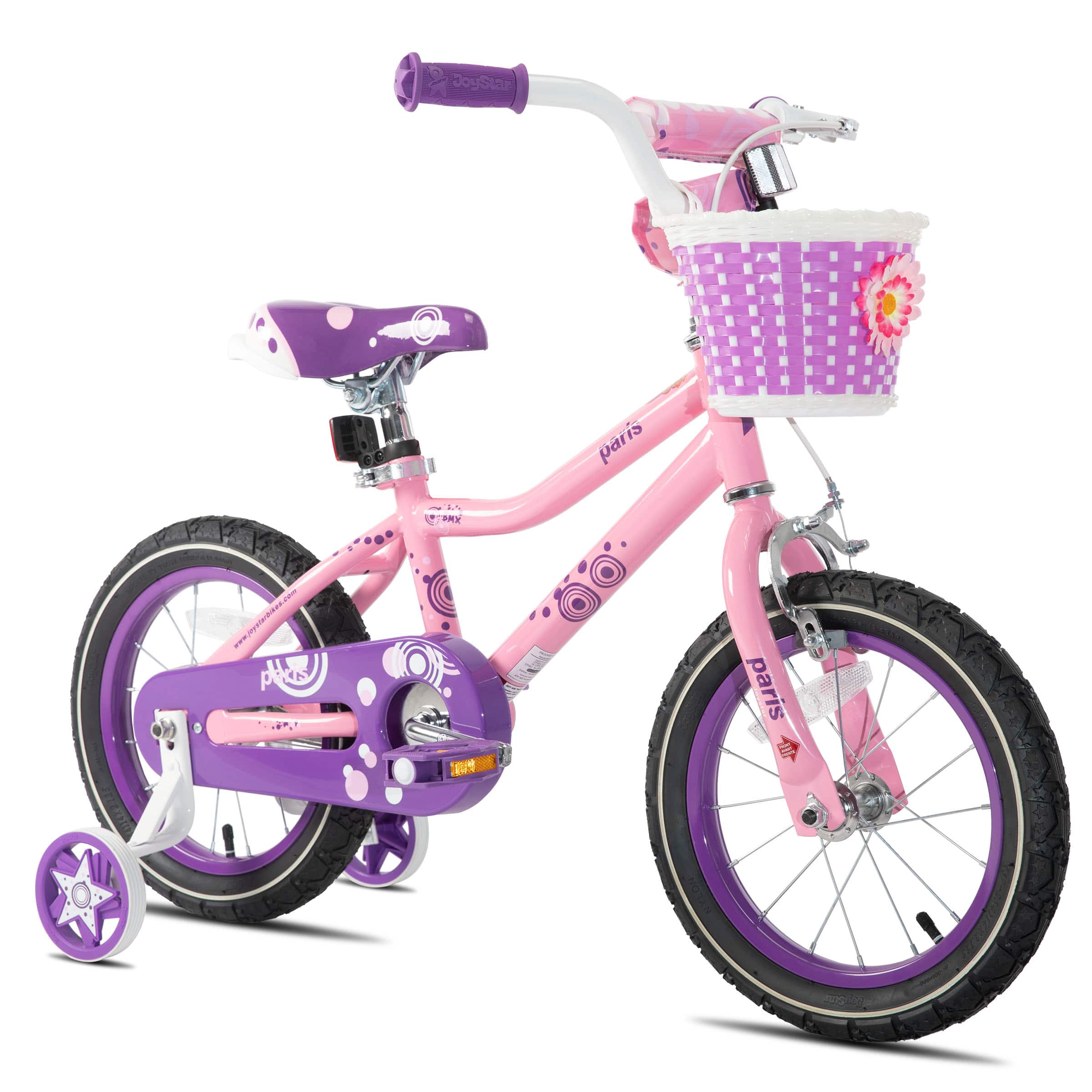 JOYSTAR - Paris Girls Bike for Ages 5-9, 18 Inch Kids Bike with Training Wheels, Basket and Handbrake - Purple Pink