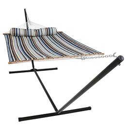 Sunnydaze - Large Quilted Fabric Hammock with Steel Stand and Pillow - Ocean Isle