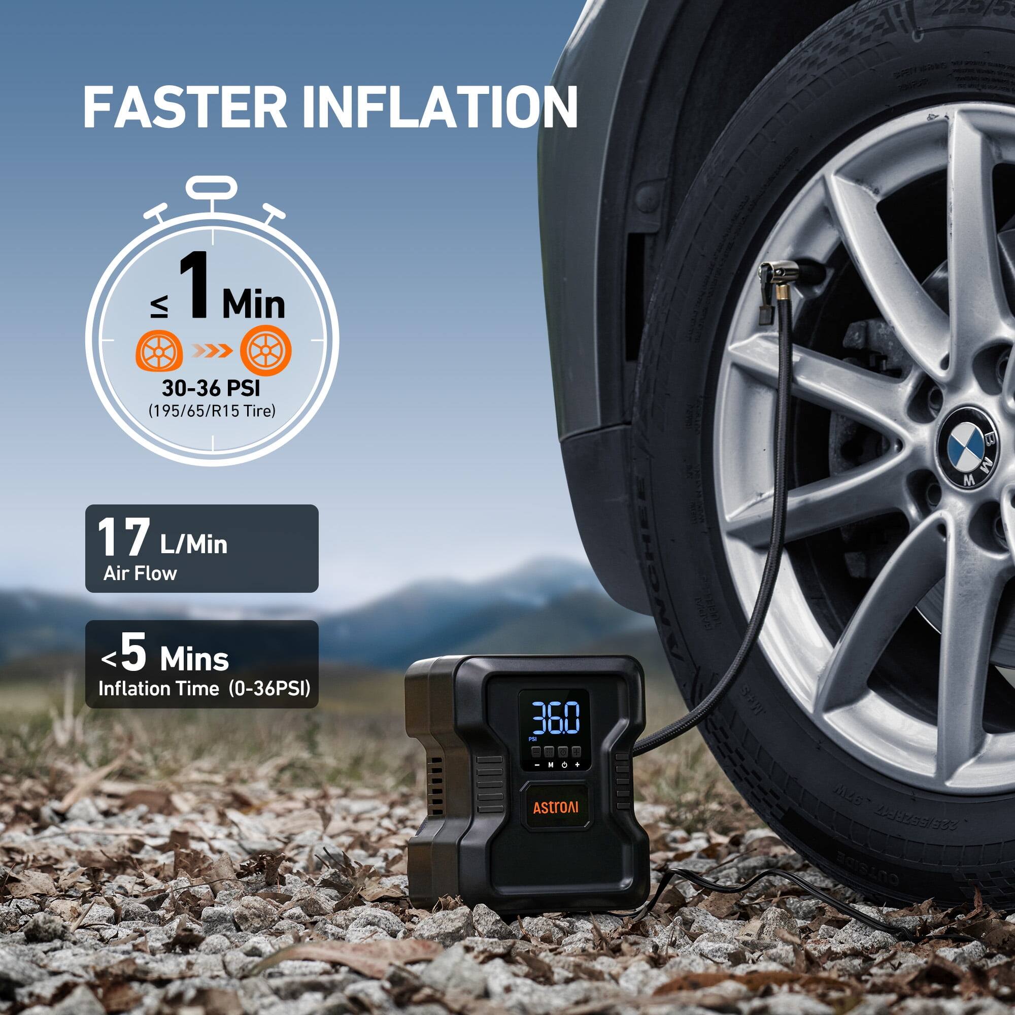 FASTER INFLATION

1 Min 30-36 PSI (195/65/R15 Tire)

17 L/Min Air Flow

<5 Mins Inflation Time (0-36PSI)

360

AStroAI AZ6

OUTSIDE