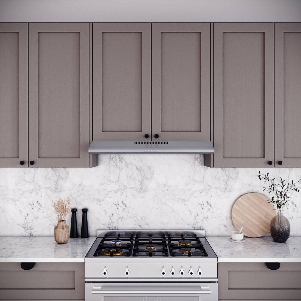 Left. Streamline - 36 in. Amendola Convertible Undermount 80 CFM Range Hood, Mesh Filters, Push Button Control, LED Light - Brushed Stainless Steel.