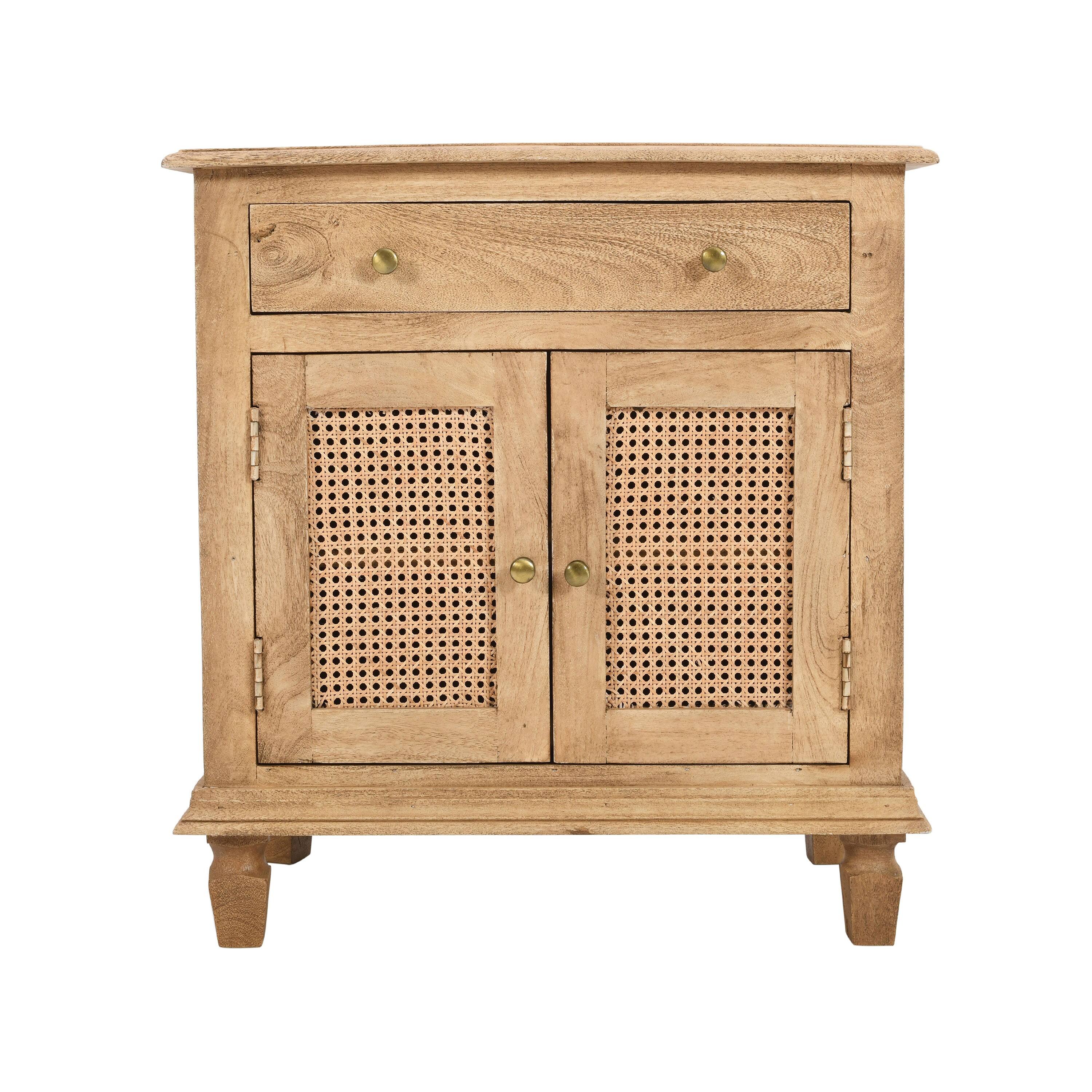 Angle. Manhattan Lane - 30 Inch Nightstand Table, Rattan Cabinet Doors and Drawer Fronts, Sandblasted Brown Mango Wood - Brown.