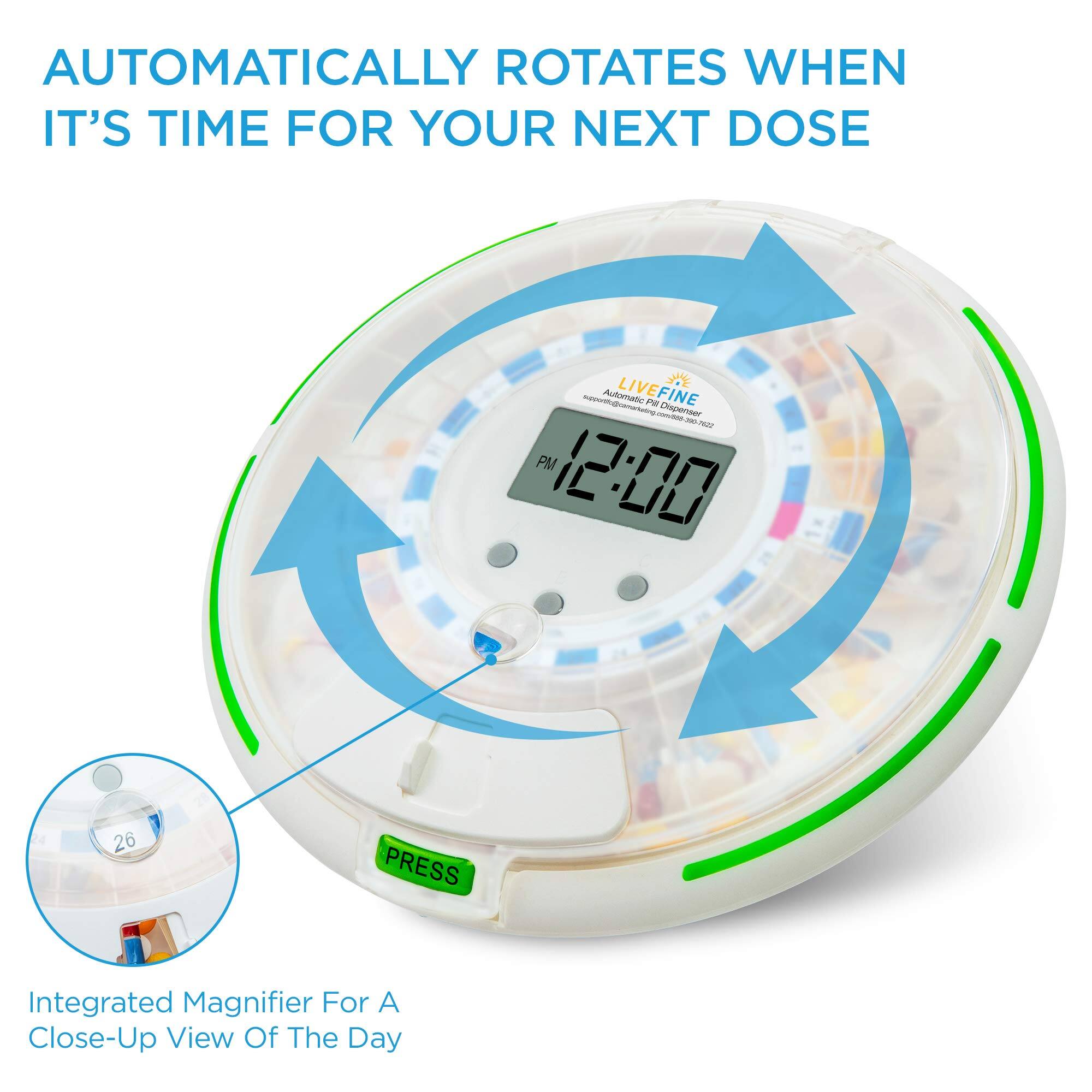 AUTOMATICALLY ROTATES WHEN IT'S TIME FOR YOUR NEXT DOSE - LIVEFINE - PM 12:00 26 PRESS Integrated Magnifier For A Close-Up View Of The Day