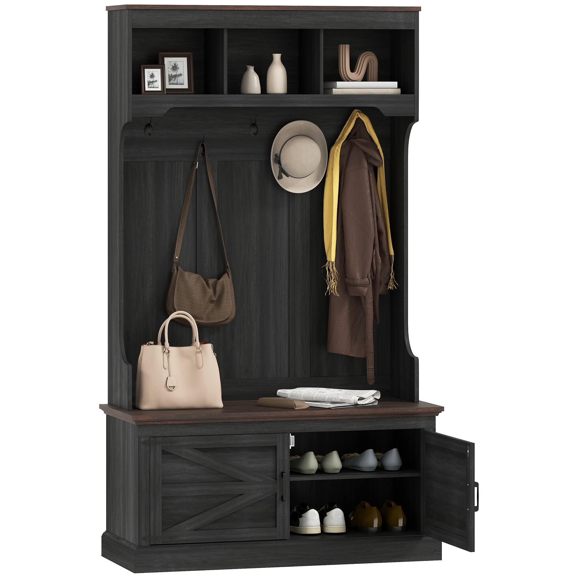 Front. Homcom - 3-in-1 Hall Tree w/ Coat Rack, Shoe Bench & 5 Hooks - Black.