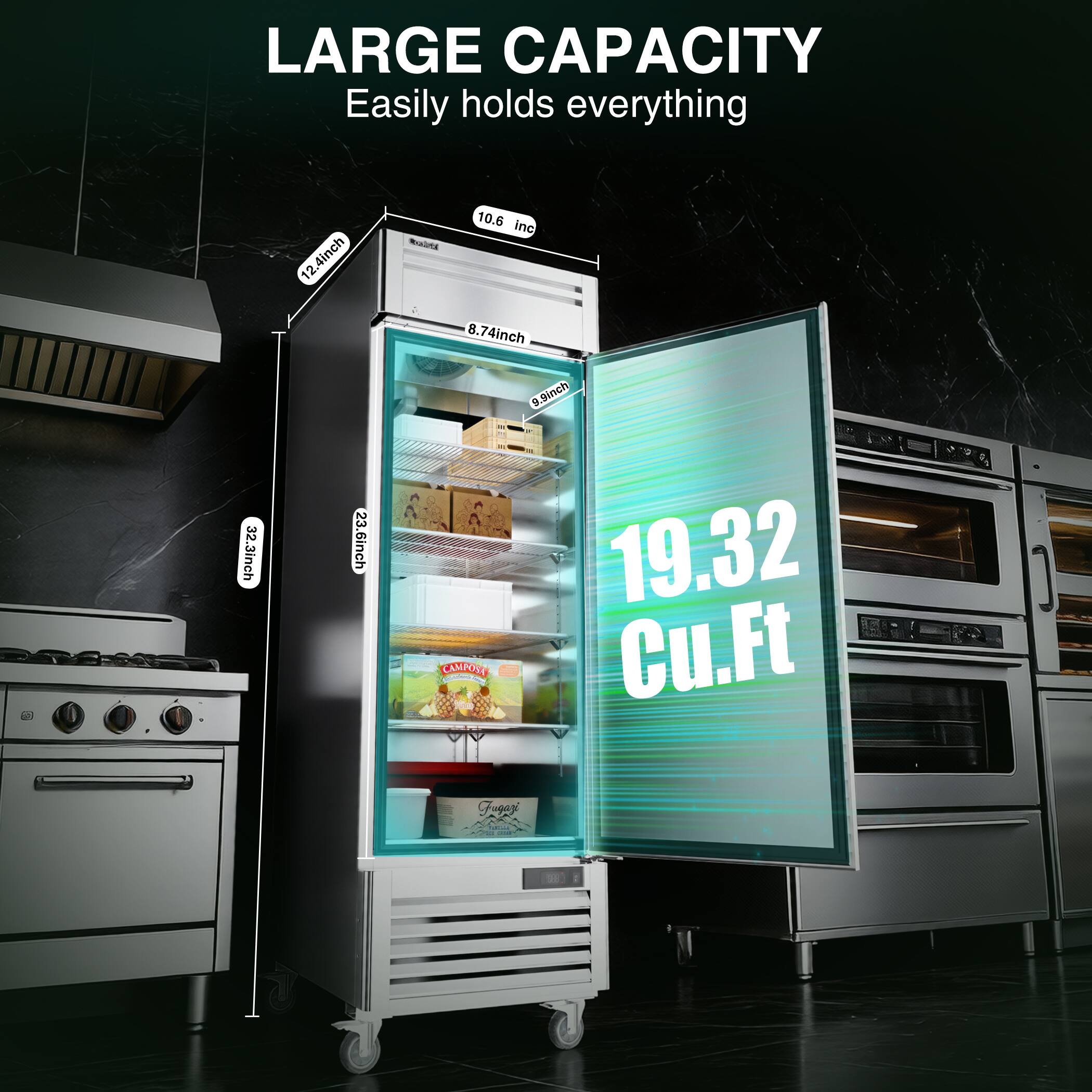 LARGE CAPACITY  
Easily holds everything  

12.4 inch  
10.6 inch  
8.74 inch  
32.3 inch  
23.6 inch  

19.32 Cu.Ft