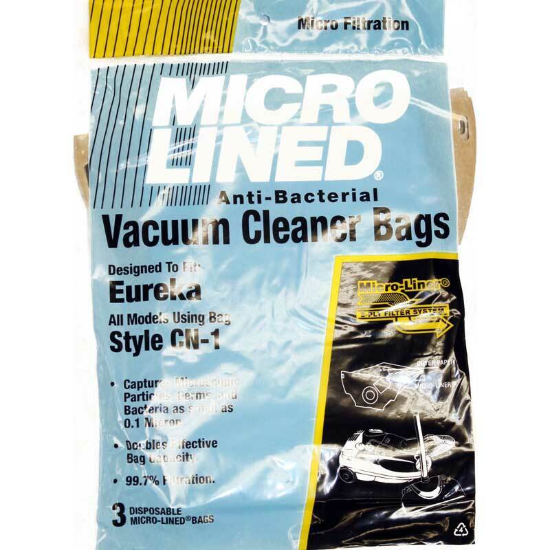 Micro Filtration  
MICRO LINED  
Anti-Bacterial  
Vacuum Cleaner Bags  

Designed To Fit  
Eureka  
All Models Using Bag Style CN-1  

- Captures Microscopic Particles, Dust, and Bacteria as small as 0.1 Micron  
- Doubles Effective Bag Capacity  
- 99.7% Filtration  

3 DISPOSABLE MICRO-LINED BAGS  

Micro-Liner®  
2-PLY FILTER SYSTEM