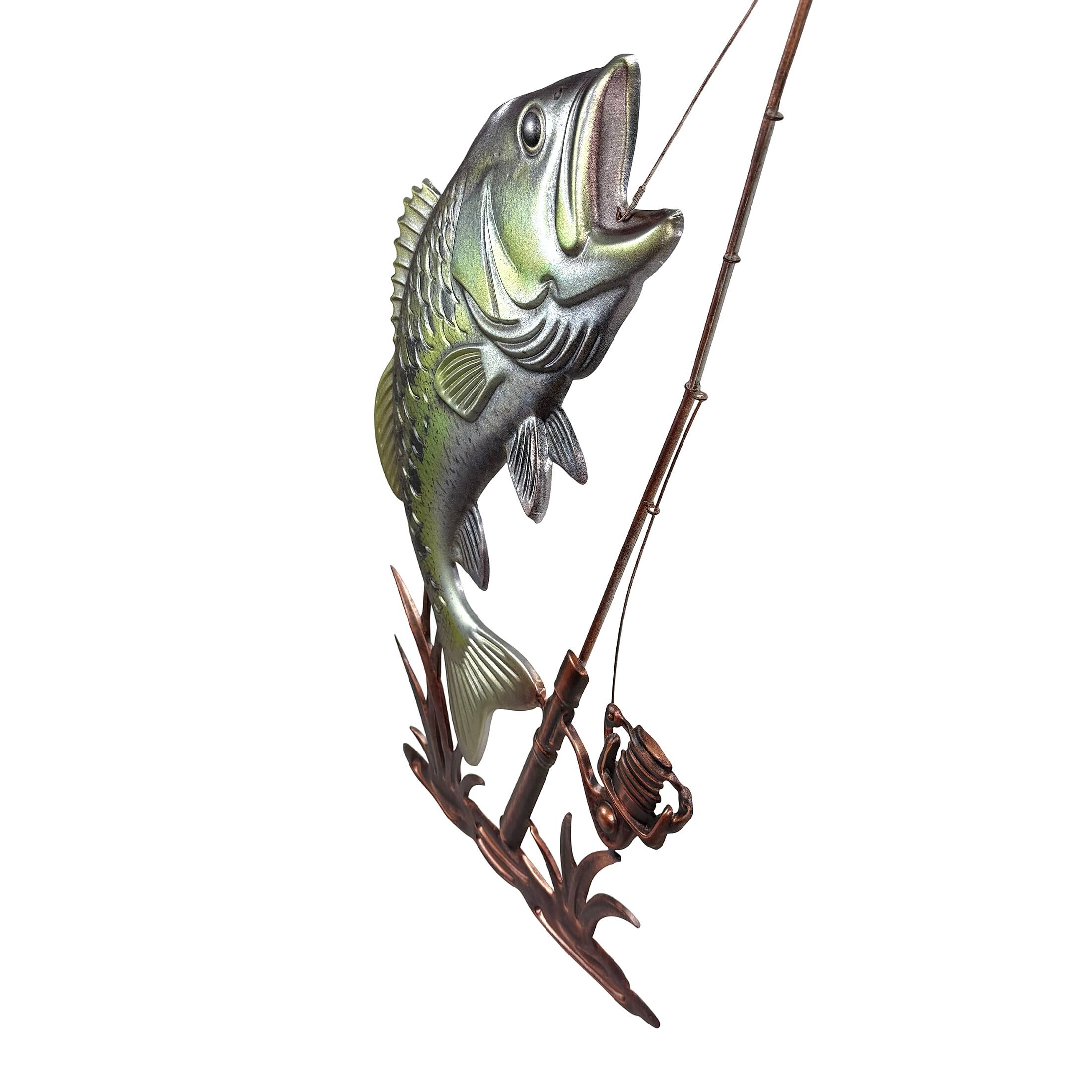 Alt View 9. Things2Die4 - Fish Wall Sculpture Largemouth Bass Fishing Rod Metal 39.5 Inch Tall - Green.