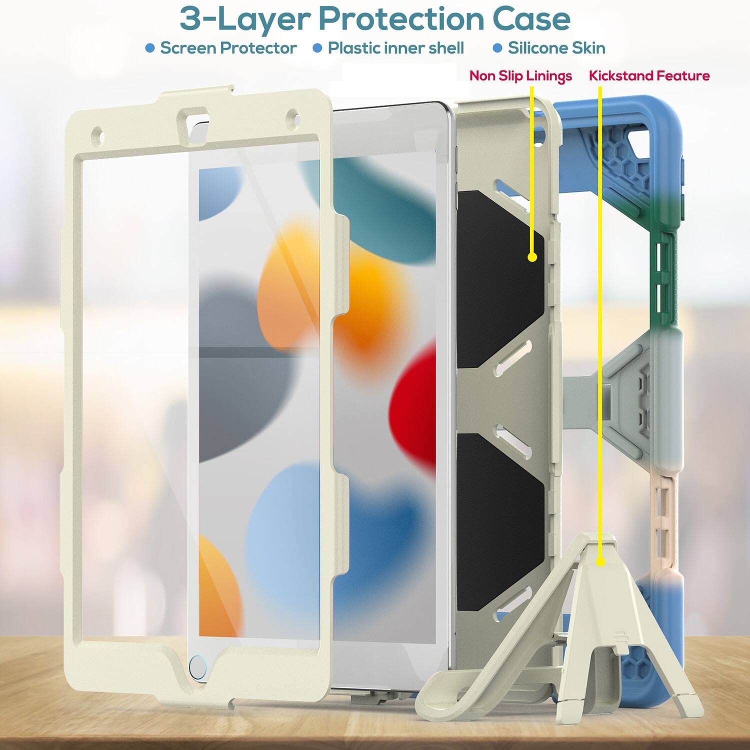 The image features a 3-layer protection case for a cell phone. The case includes a plastic inner shell, a silicone skin, and non-slip linings. The case also has a kickstand feature, making it convenient for hands-free use.