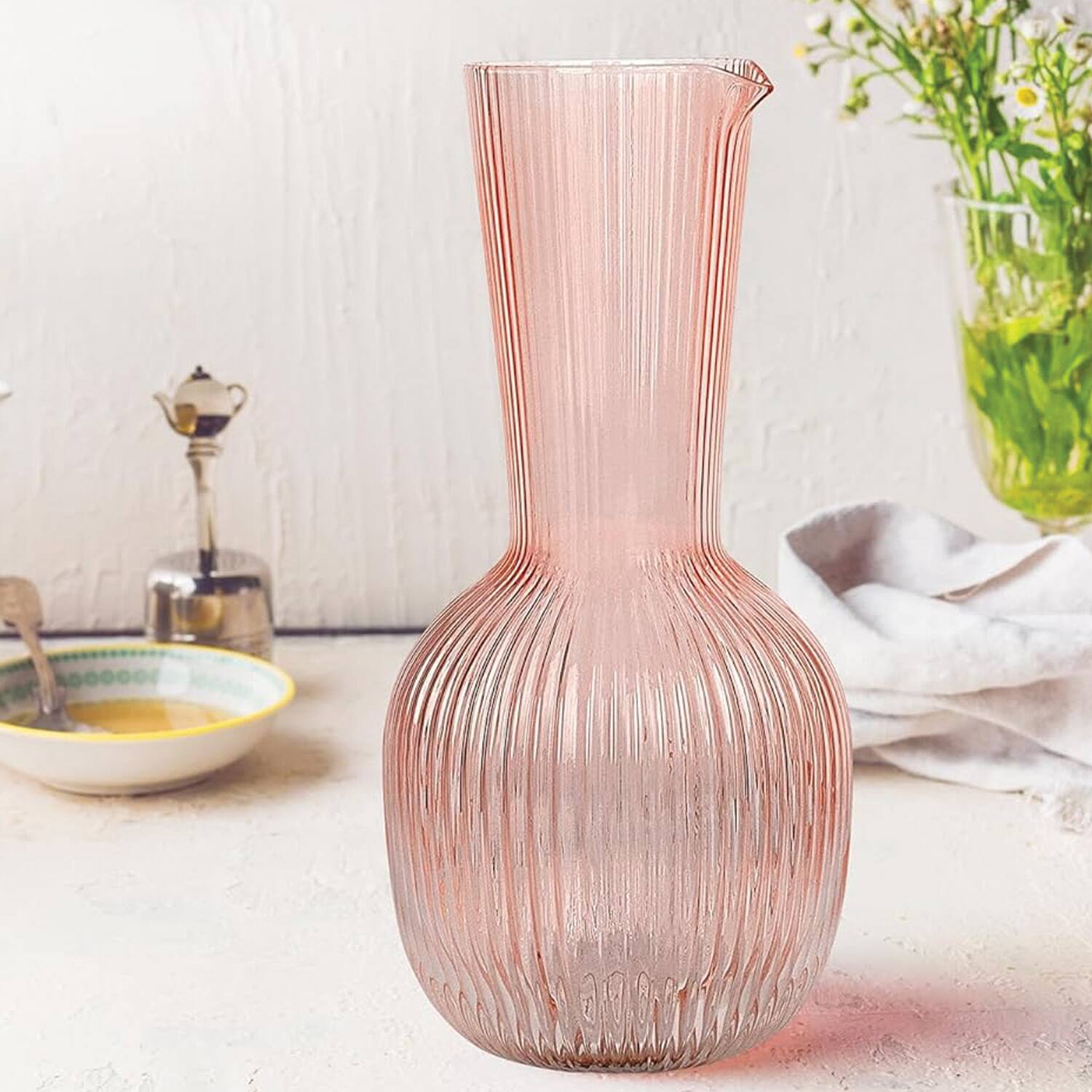 Angle. Jay Import - Pink Fluted Carafe 40.58 OZ. - Pink.
