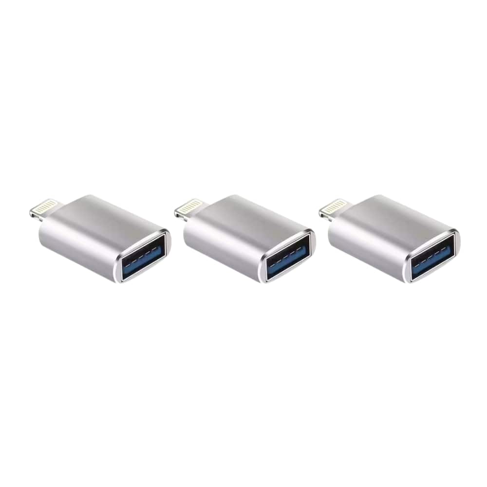 Qixxronics - Lightning to USB Adapter Card Reader Data Transfer Digital Camera Memory Connector for iPhone iPad Photo Stick (3-Pack) - Silver