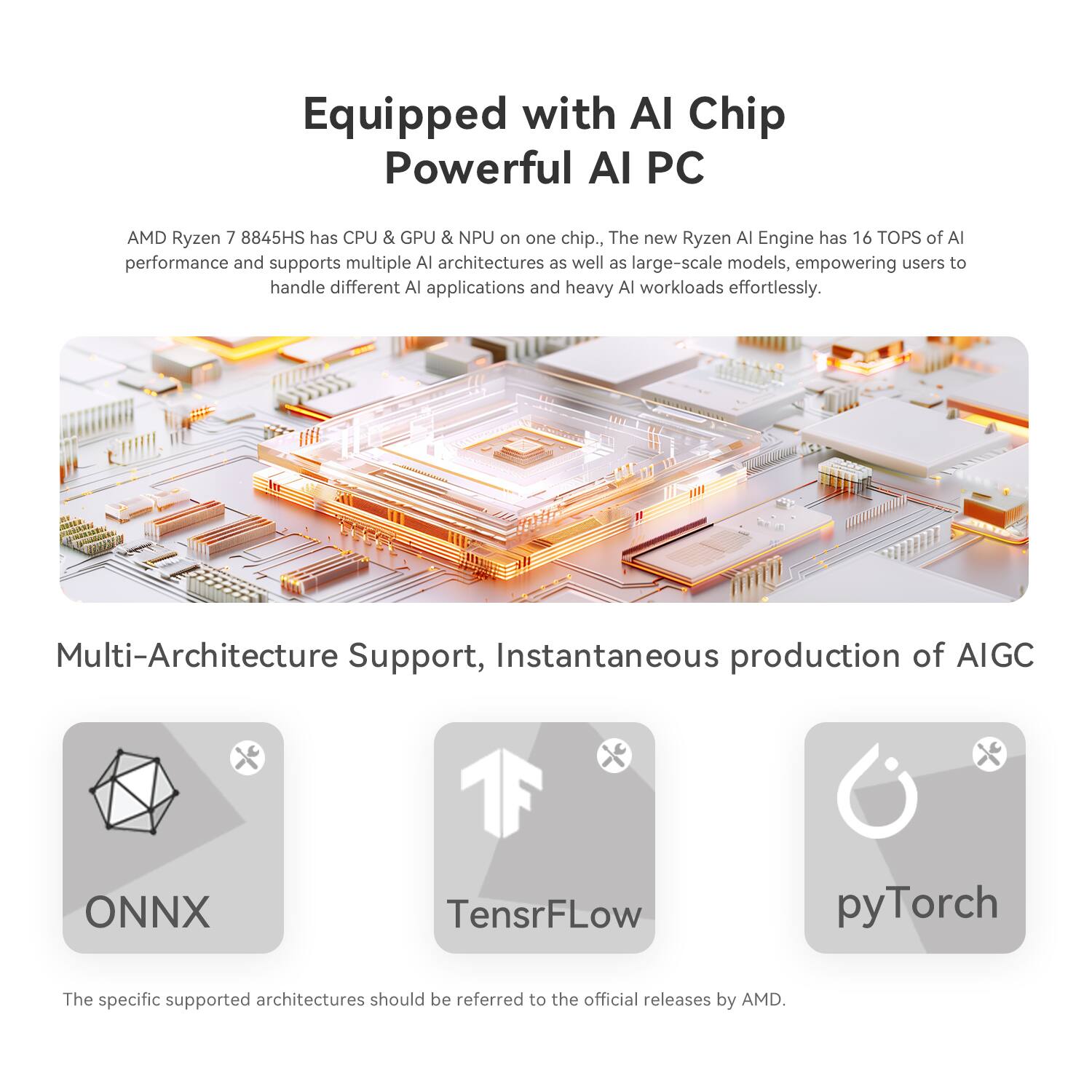 Equipped with AI Chip Powerful AI PC

AMD Ryzen 7 8845HS has CPU & GPU & NPU on one chip. The new Ryzen AI Engine has 16 TOPS of AI performance and supports multiple AI architectures as well as large-scale models, empowering users to handle different AI applications and heavy AI workloads effortlessly.

Multi-Architecture Support, Instantaneous production of AIGC

ONNX
TensorFlow
pyTorch

The specific supported architectures should be referred to the official releases by AMD.
