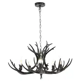 Jonathan Y - Eldora 30" 5-Light Rustic Farmhouse Adjustable Resin Antler LED Chandelier - Black
