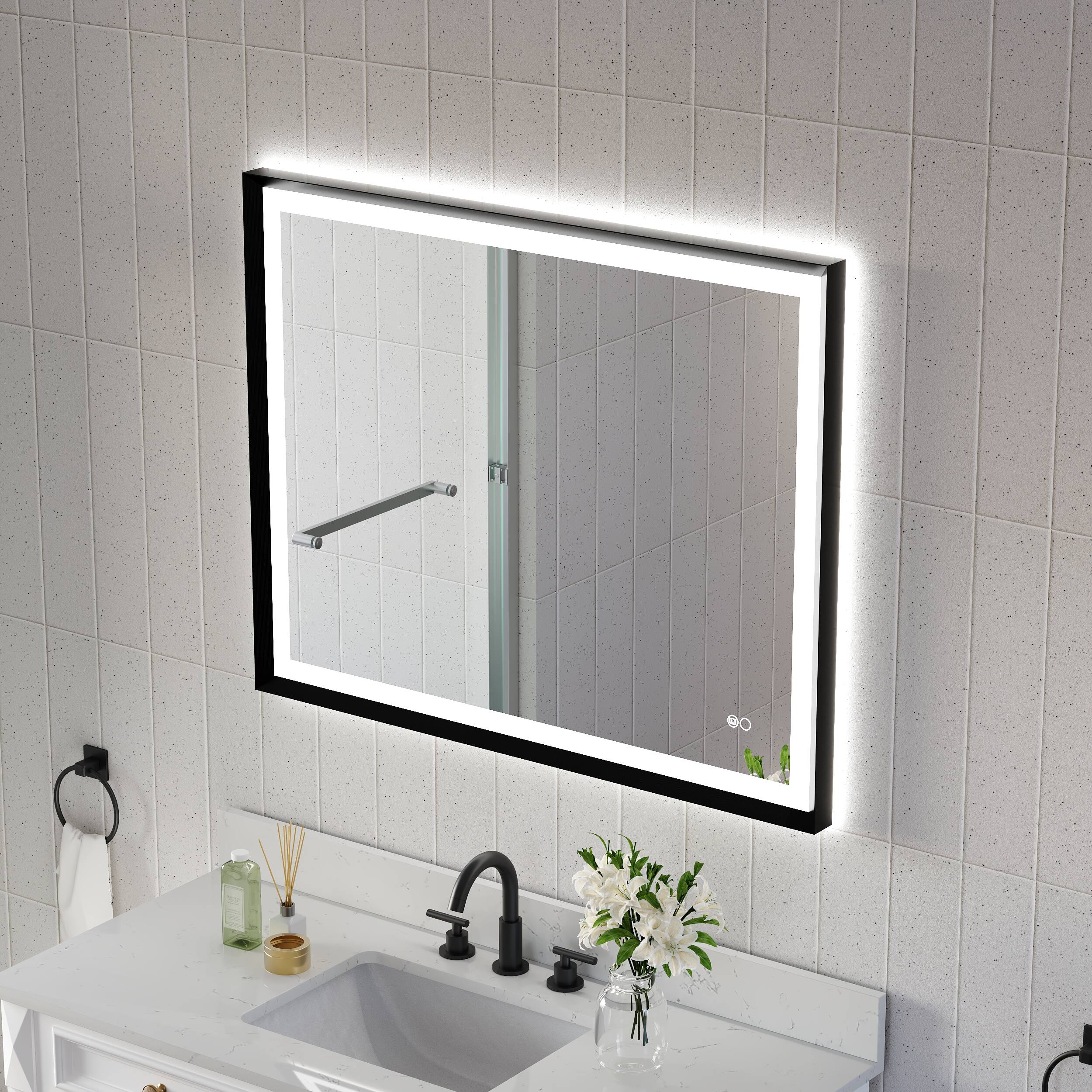 Angle. WELLFOR - 48 in W x 36 in. H Rectangular Single Aluminum Framed Anti-Fog LED Light Wall Bathroom Vanity Mirror - Matte Black.