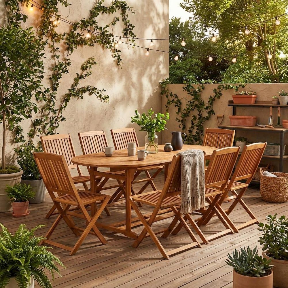 Outdoor Escape - Oil-Finished Wooden Patio Dining Table with 8 Outdoor Side Chairs - Brown