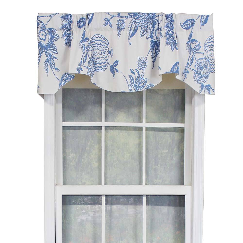 Front. RLF Home - RLF Home Natalie Bell Floral Print Extra Wide Window Treatment Valance 3" Rod Pocket 65" x 16" Cyan Blue - Cyan blue white.