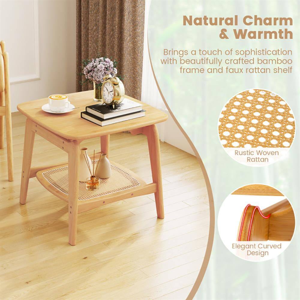 Natural Charm & Warmth  
Brings a touch of sophistication with beautifully crafted bamboo frame and faux rattan shelf  

Rustic Woven Rattan  
Elegant Curved Design
