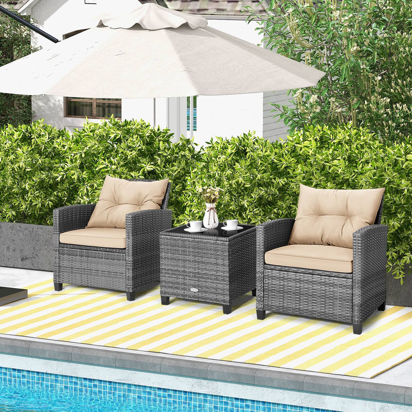 Alt View 4. Costway - Costway 3PCS Patio Rattan Furniture Bistro Set Cushioned Sofas Side Table Armrest - Mix Gray + Beige.